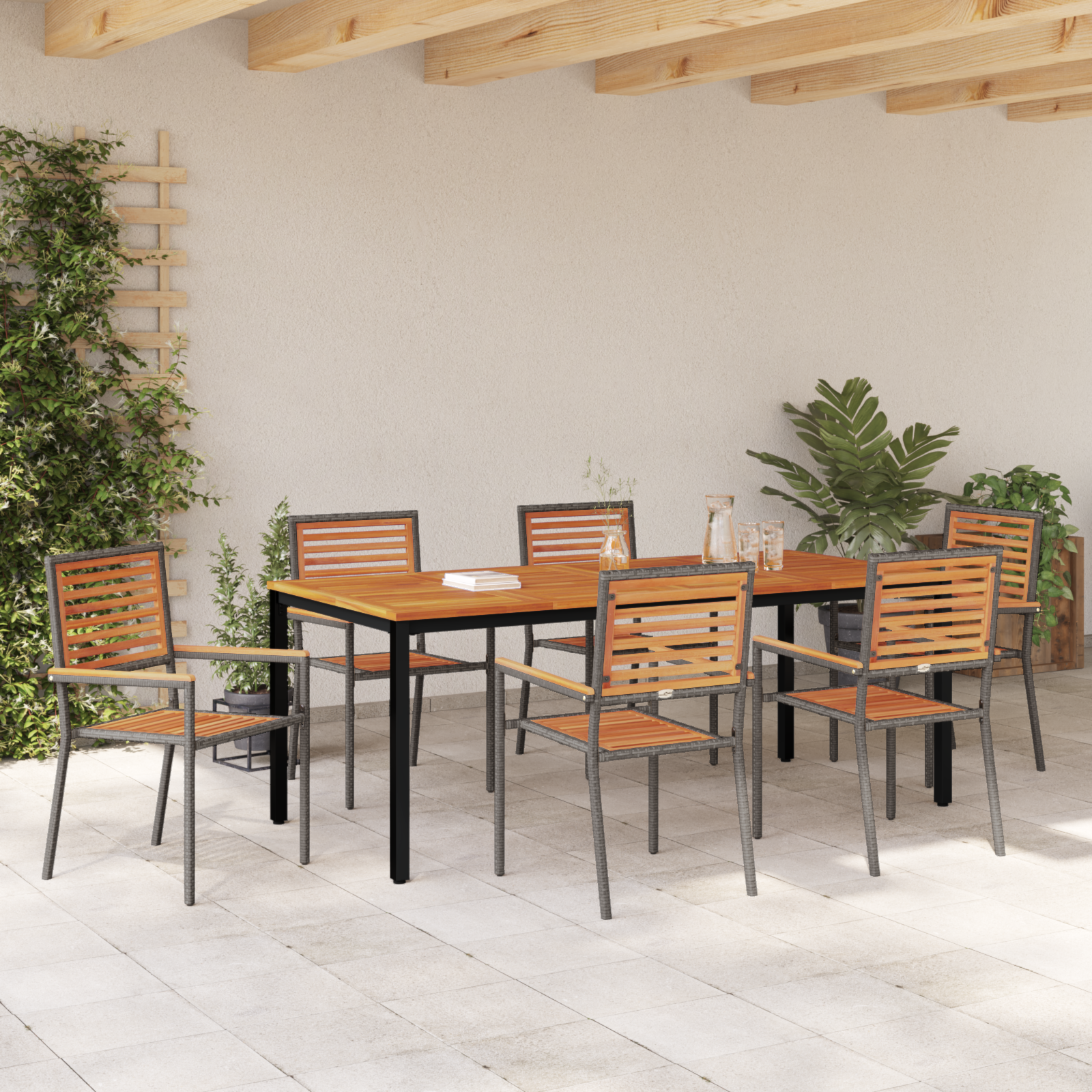 7 Piece Garden Dining Set Grey Poly Rattan Acacia - Image 4