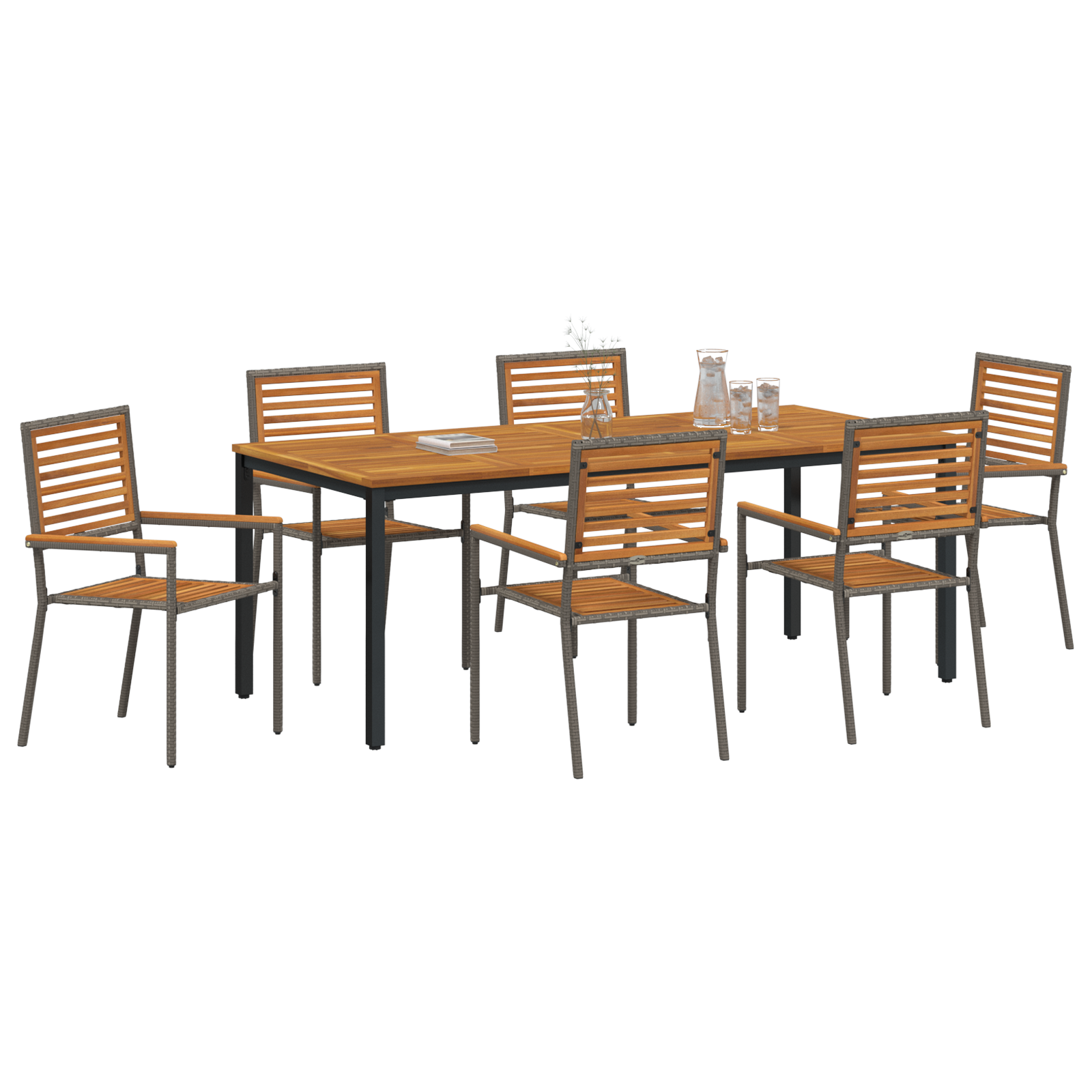 7 Piece Garden Dining Set Grey Poly Rattan Acacia - Image 3