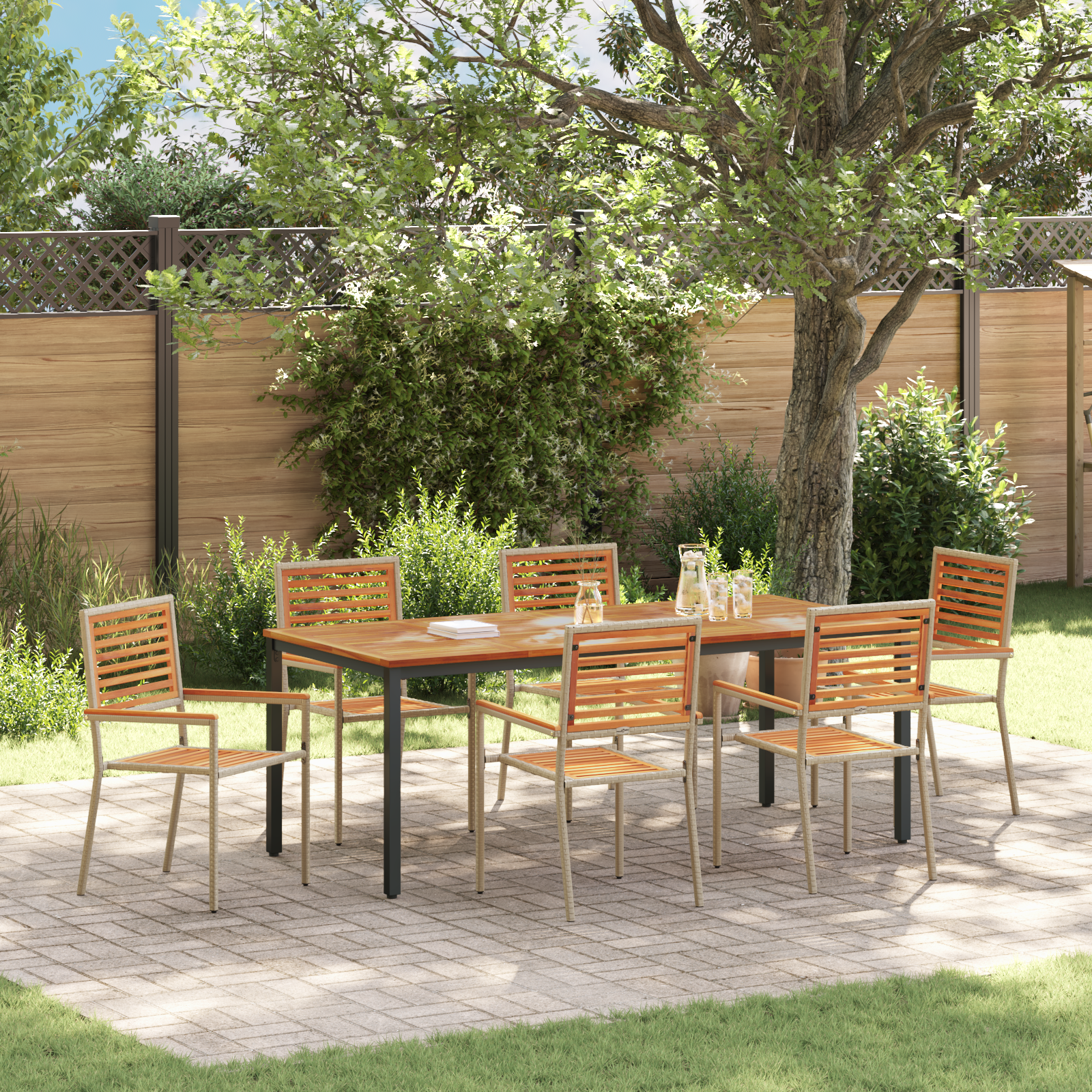 7 Piece Garden Dining Set Beige Poly Rattan Acacia