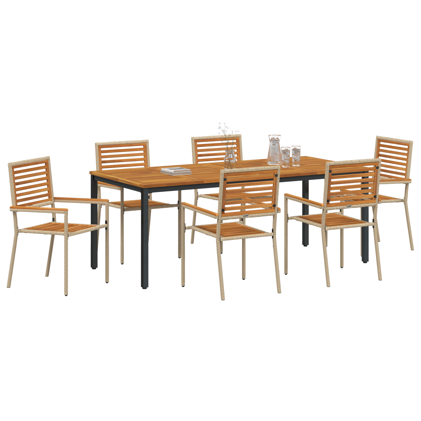 7 Piece Garden Dining Set Beige Poly Rattan Acacia - Image 3