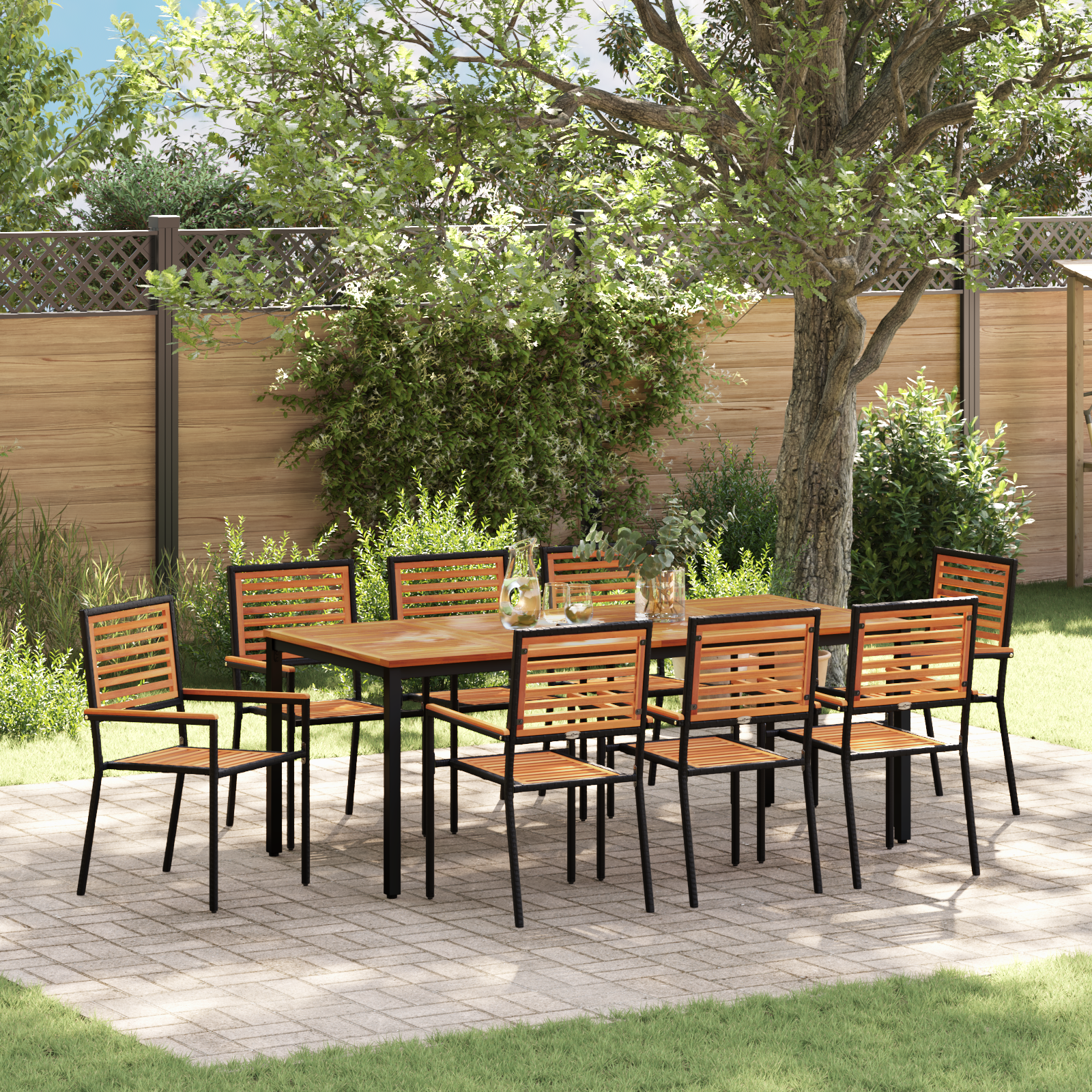 9 Piece Garden Dining Set Black Poly Rattan Acacia