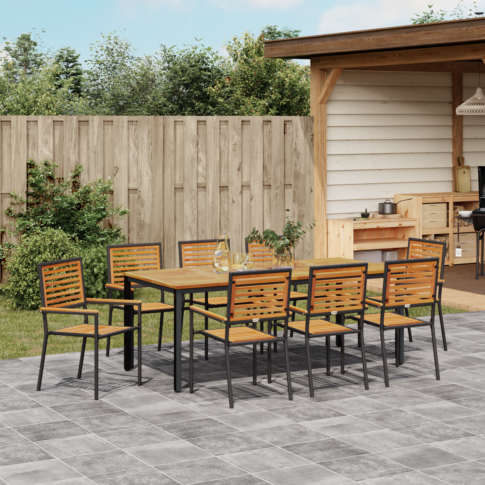 9 Piece Garden Dining Set Black Poly Rattan Acacia - Image 4