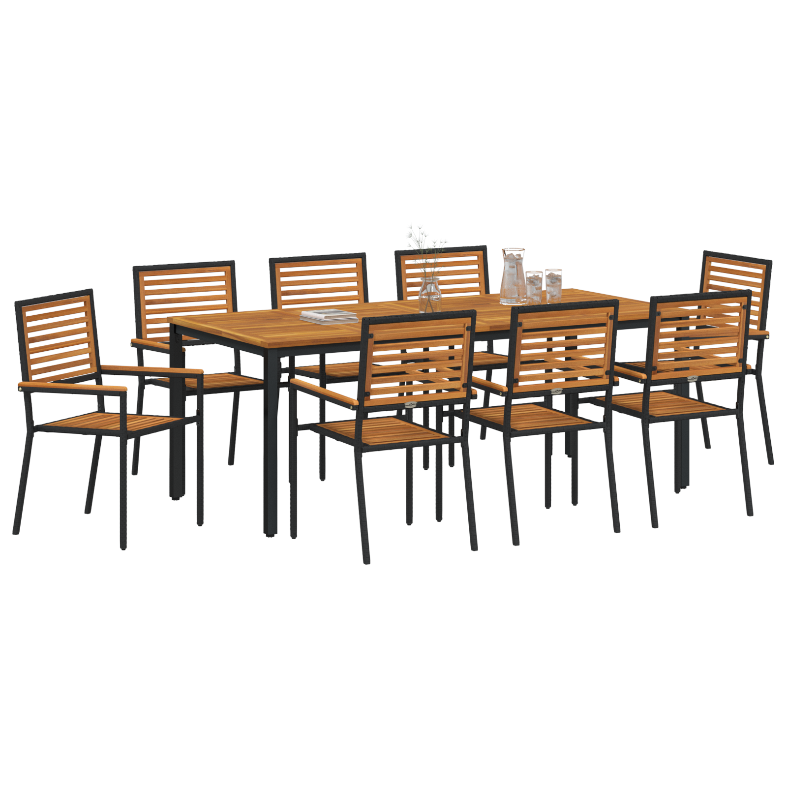 9 Piece Garden Dining Set Black Poly Rattan Acacia - Image 3