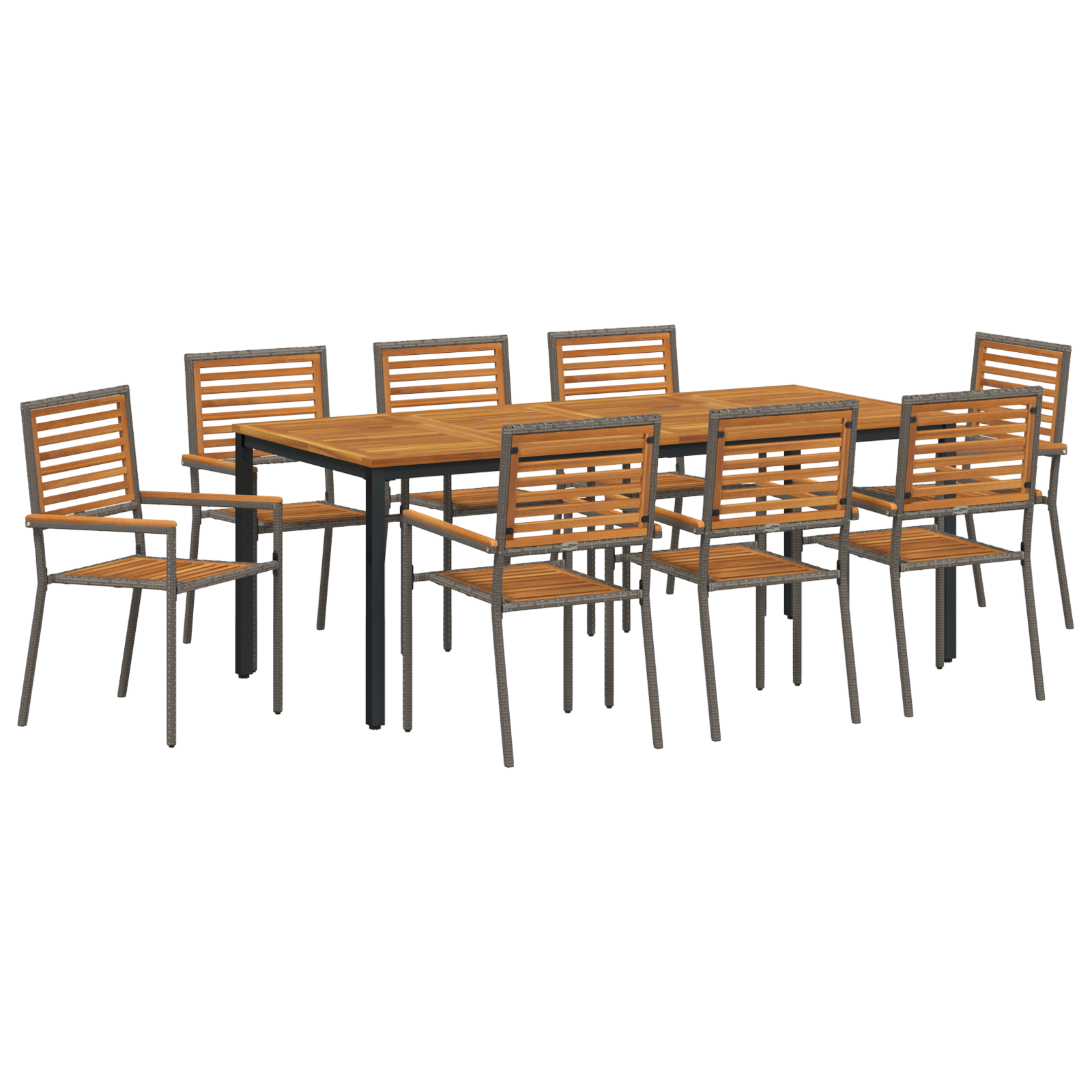 9 Piece Garden Dining Set Grey Poly Rattan Acacia - Image 2