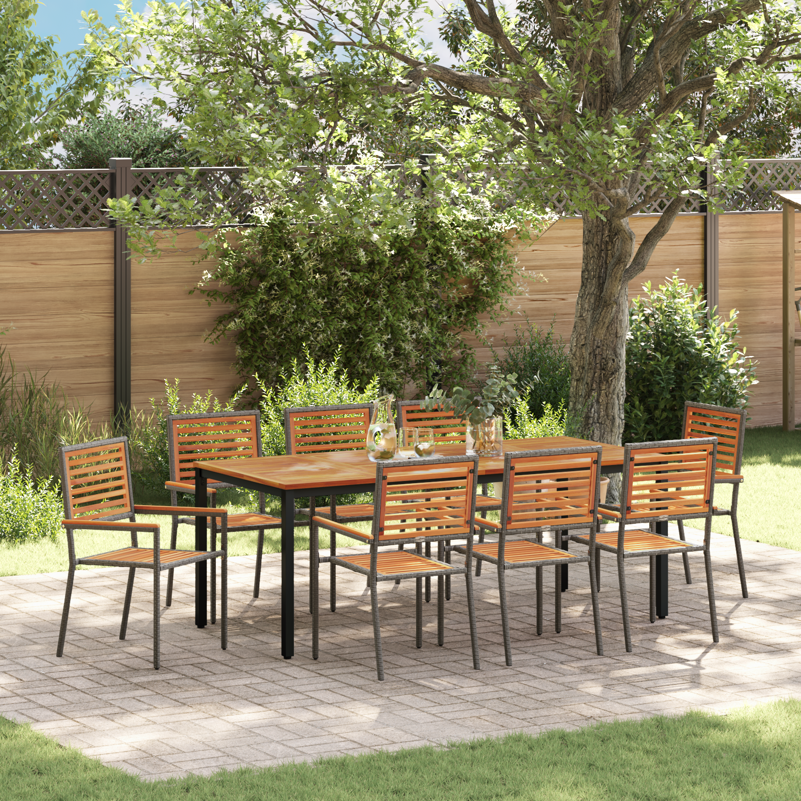 9 Piece Garden Dining Set Grey Poly Rattan Acacia