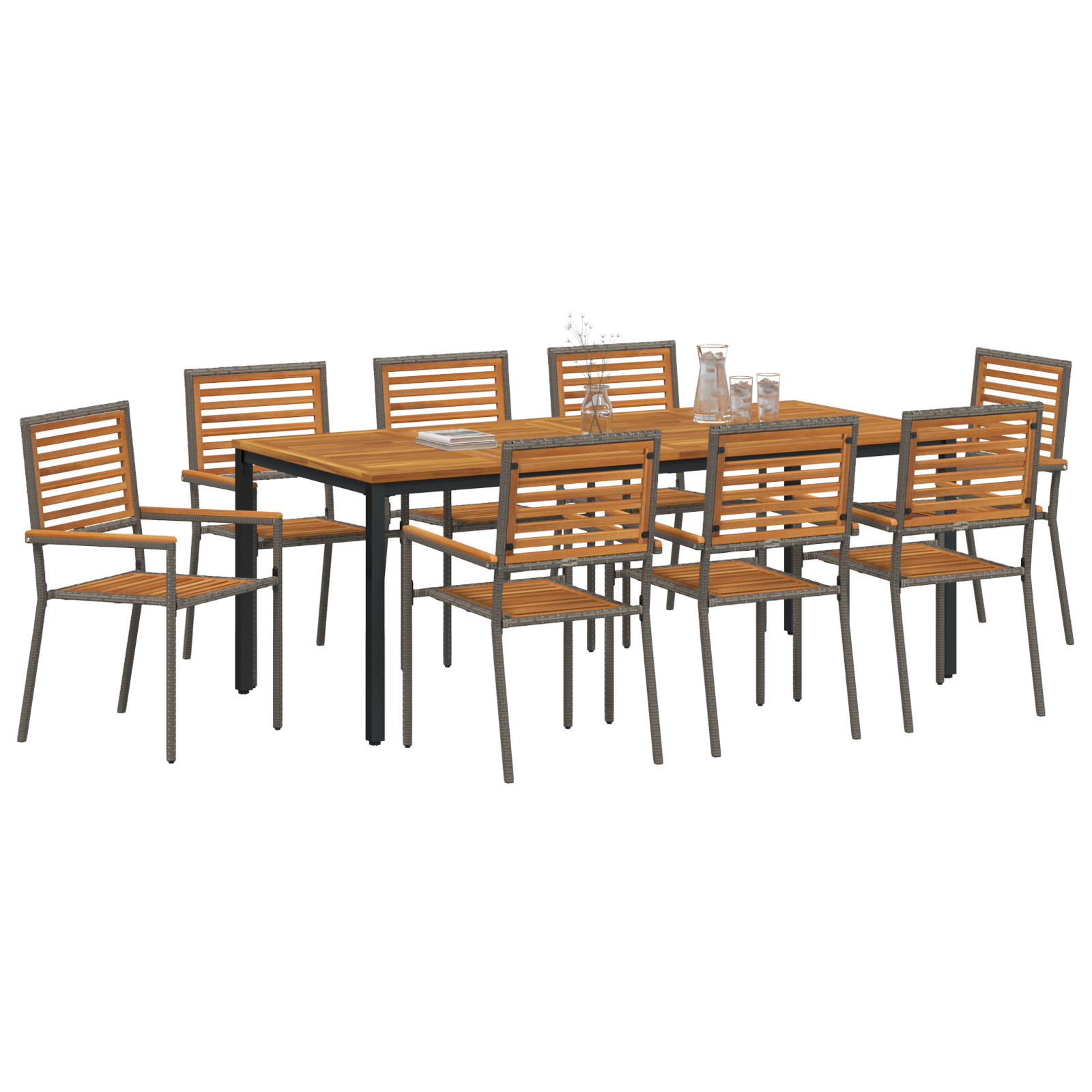 9 Piece Garden Dining Set Grey Poly Rattan Acacia - Image 3