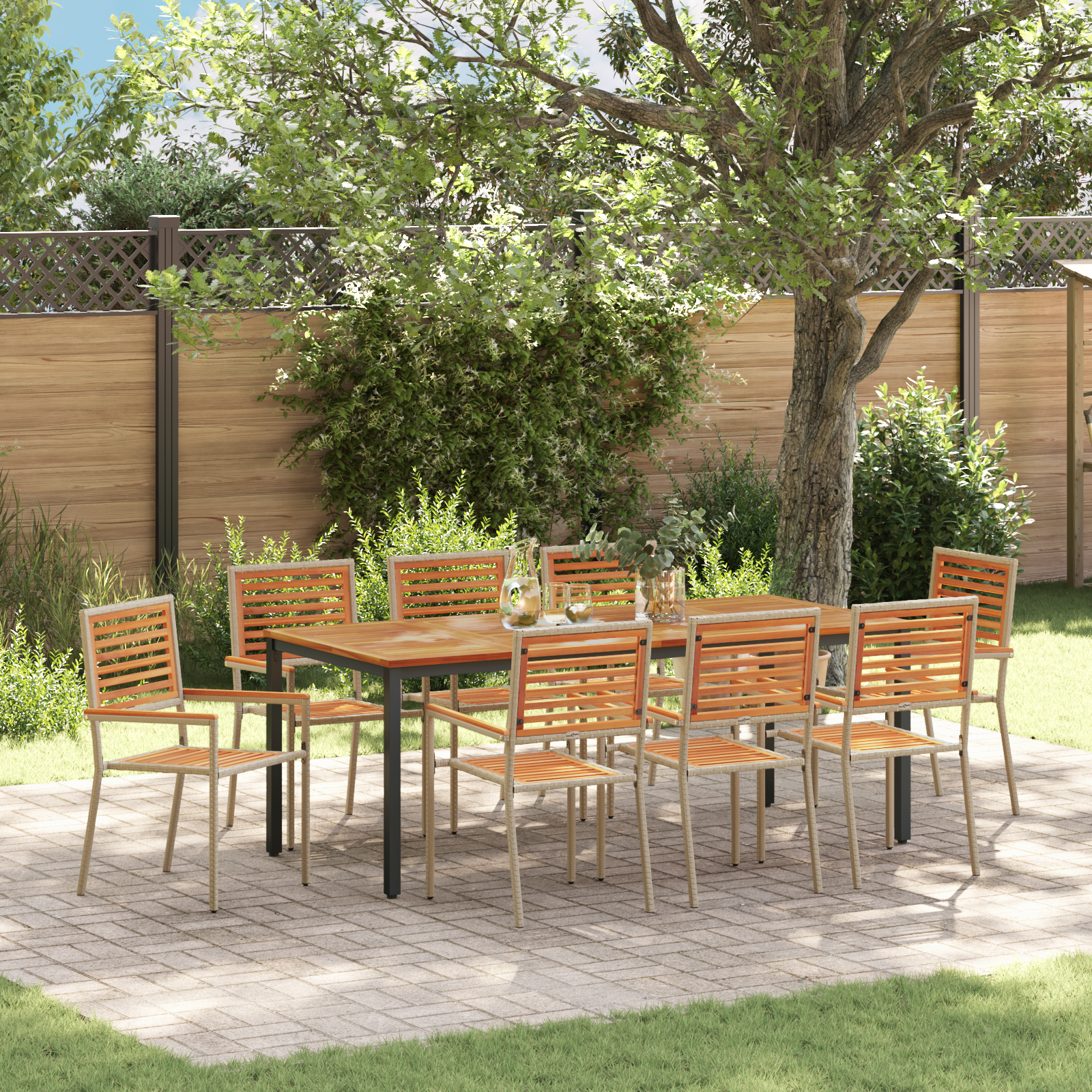 9 Piece Garden Dining Set Beige Poly Rattan Acacia