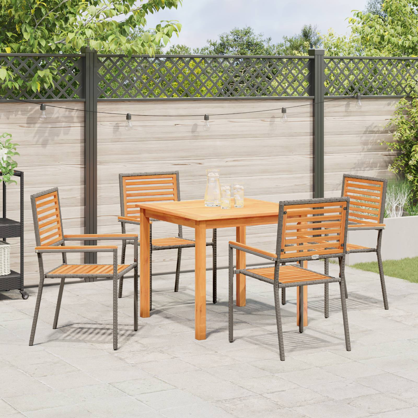 5 Piece Garden Dining Set Grey Poly Rattan Acacia - Image 4