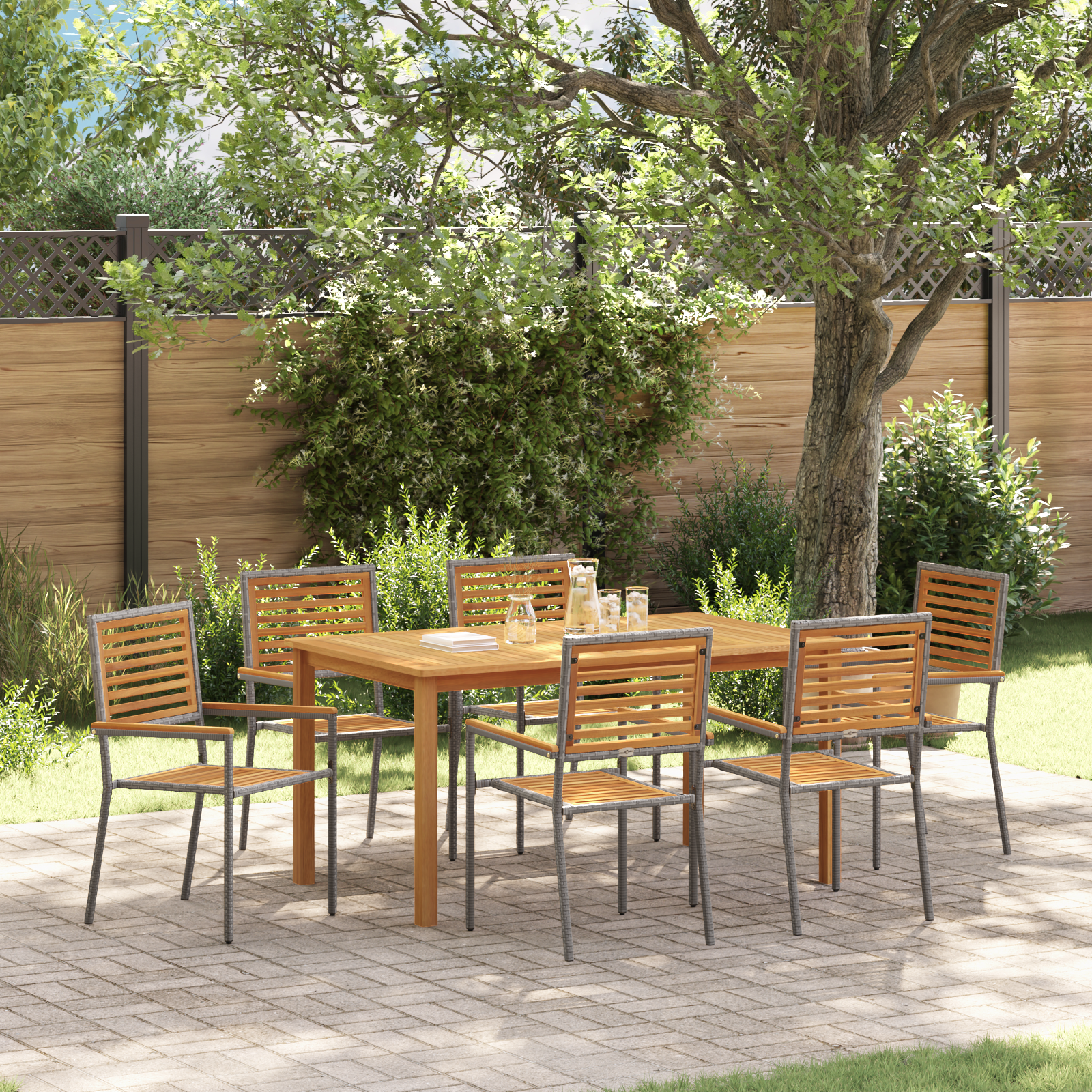 Комплект градинска трапезария vidaXL от 7 части с сиво полиратан и тиково дърво, Стекуеми градински столове с възглавници – 2 бр. с сиво полиратан