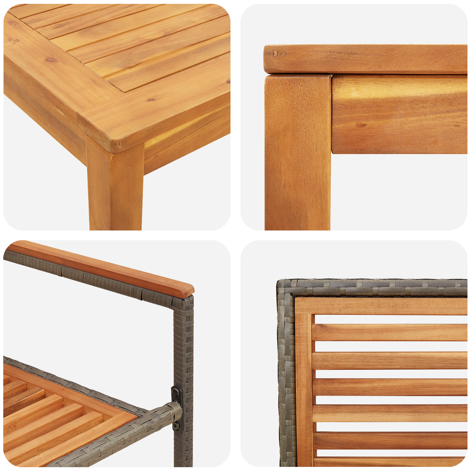 3 части градински комплект за хранене Сиво полиратан акациева, vidaXL Наслагващи се градински столове с възглавнички 2 бр Сиво полиратан - Image 9