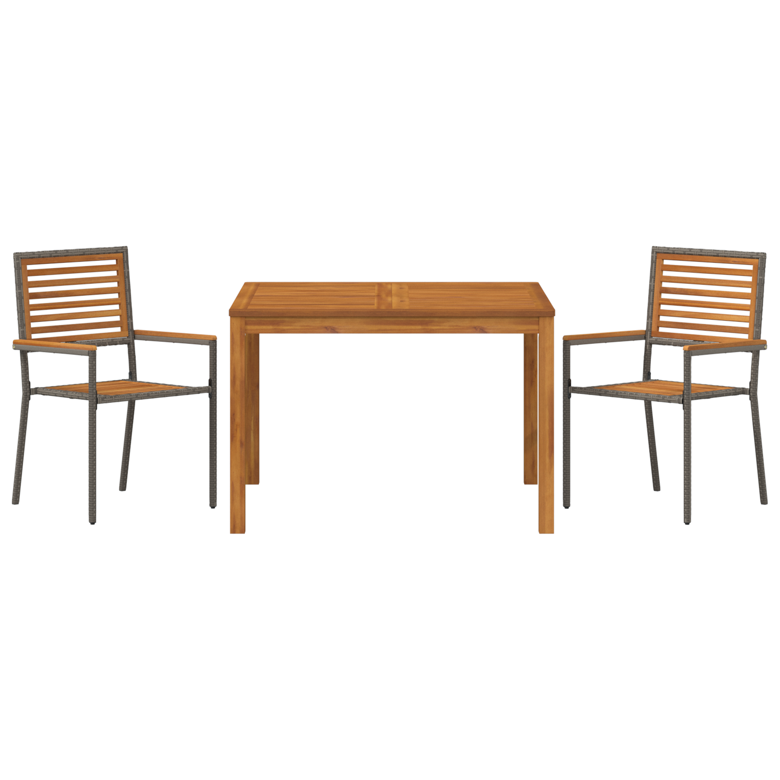 3 части градински комплект за хранене Сиво полиратан акациева, vidaXL Наслагващи се градински столове с възглавнички 2 бр Сиво полиратан - Image 7