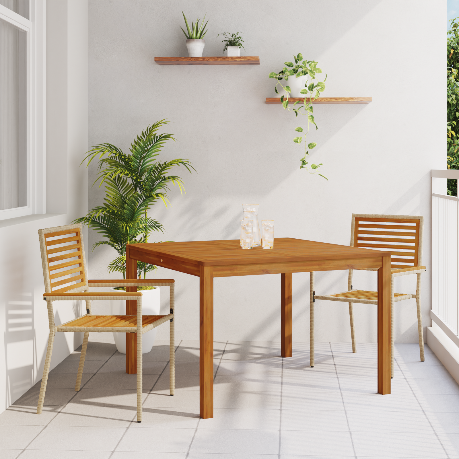 3 Piece Garden Dining Set Beige Poly Rattan Acacia