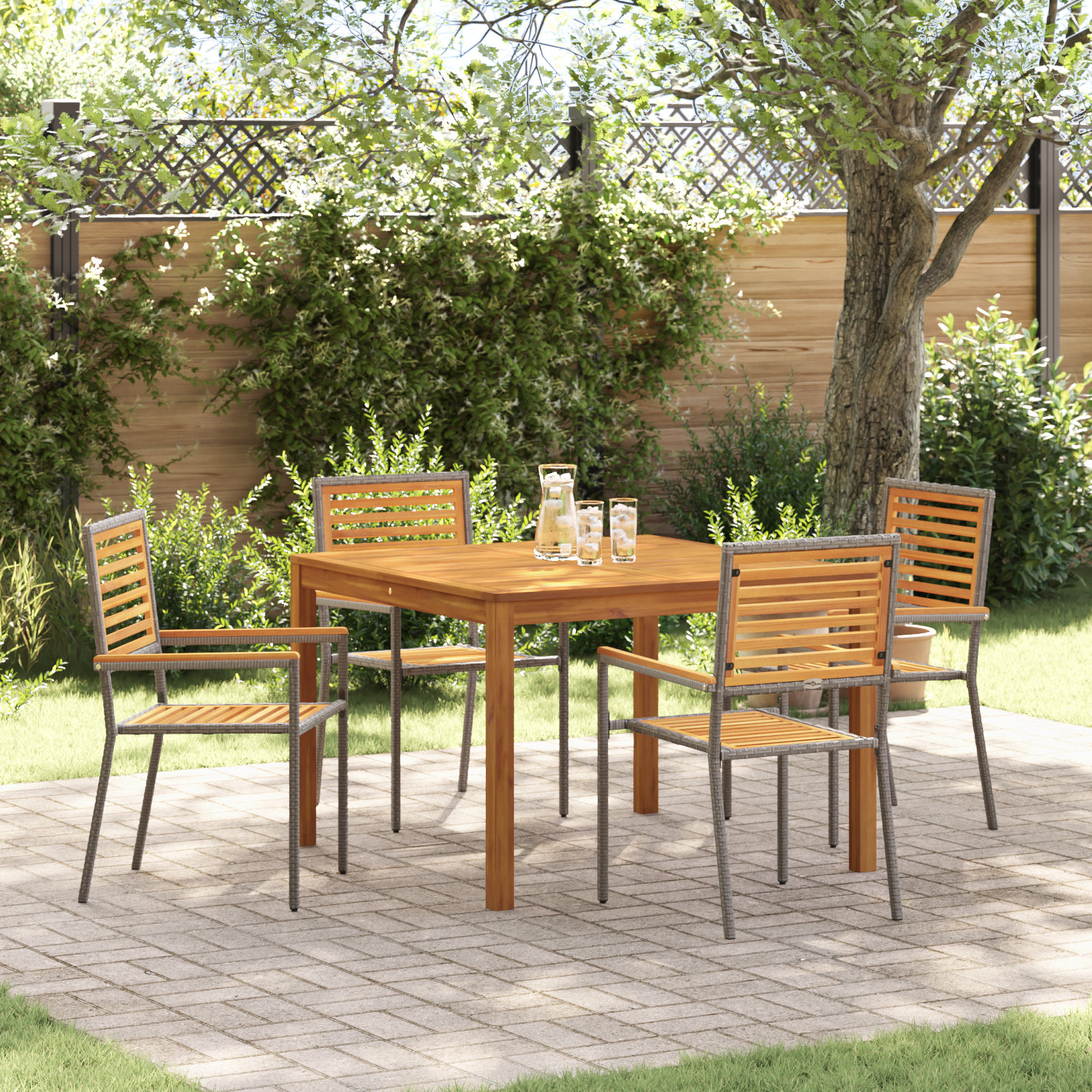 5 Piece Garden Dining Set Grey Poly Rattan Acacia