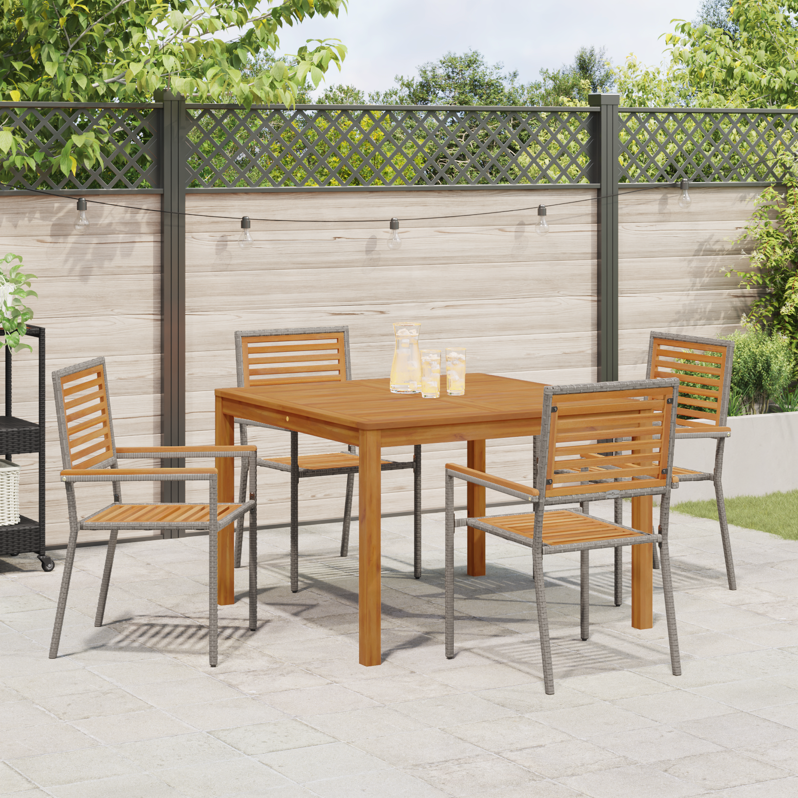5 Piece Garden Dining Set Grey Poly Rattan Acacia - Image 4