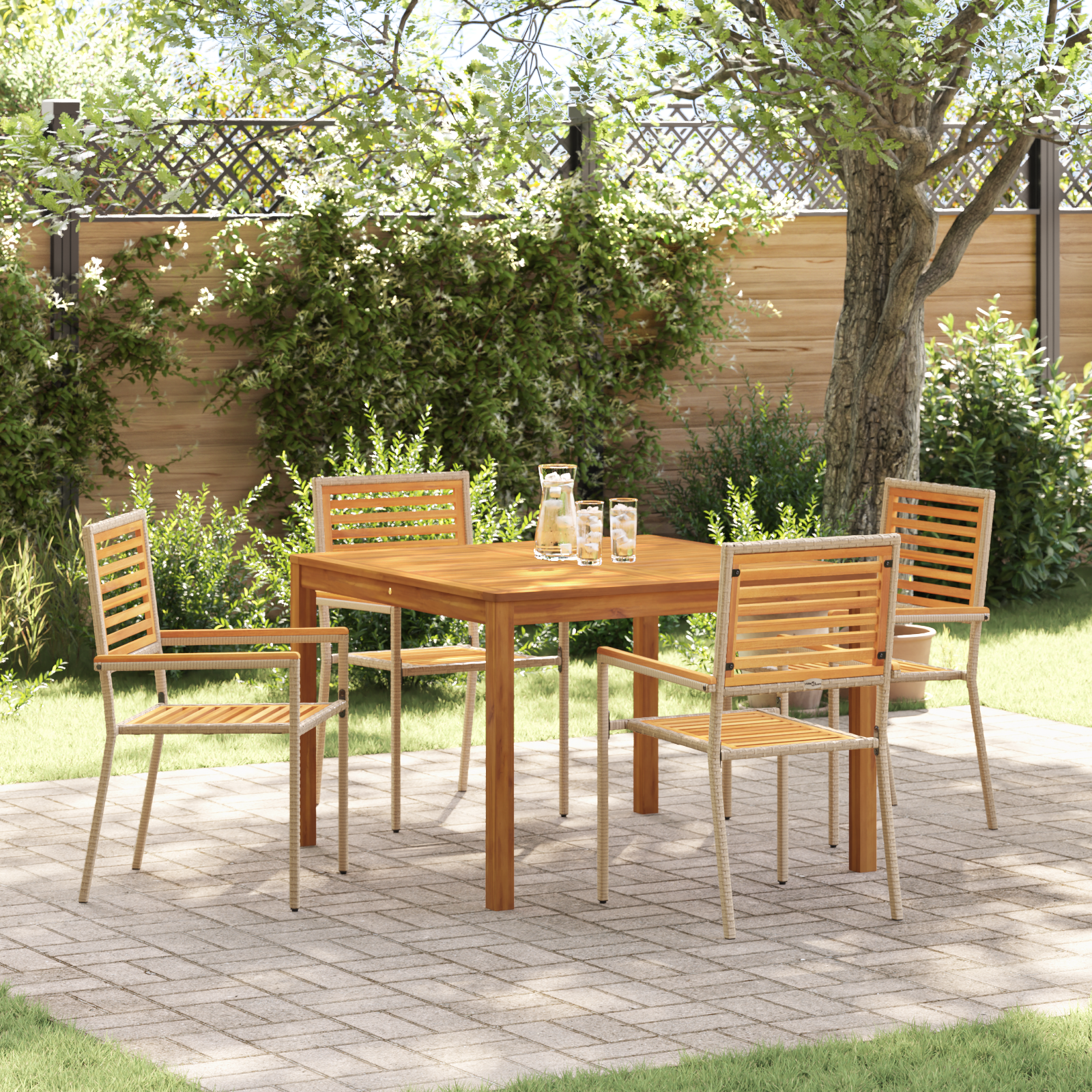 5 Piece Garden Dining Set Beige Poly Rattan Acacia