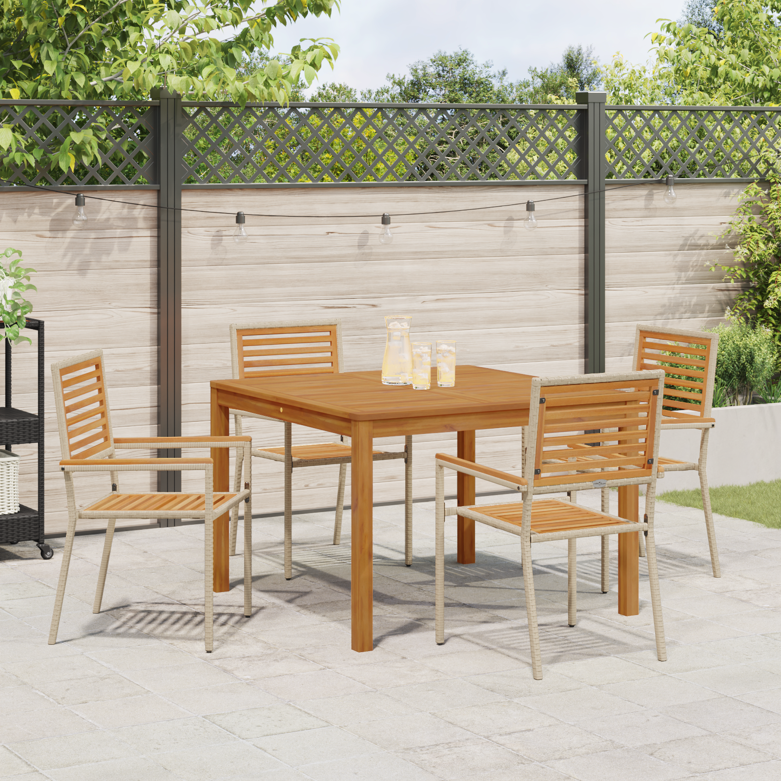 5 Piece Garden Dining Set Beige Poly Rattan Acacia - Image 4