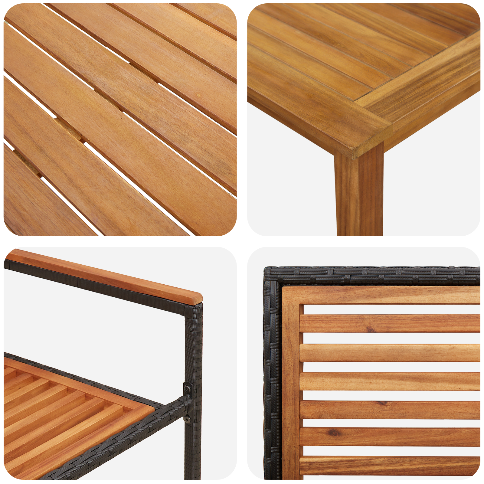 5 Часов Градински Комплект за Ядене Черен Поли Ратан Акация, vidaXL Подреждащи се градински столове с възглавници 2 бр Черен Поли Ратан - Image 9