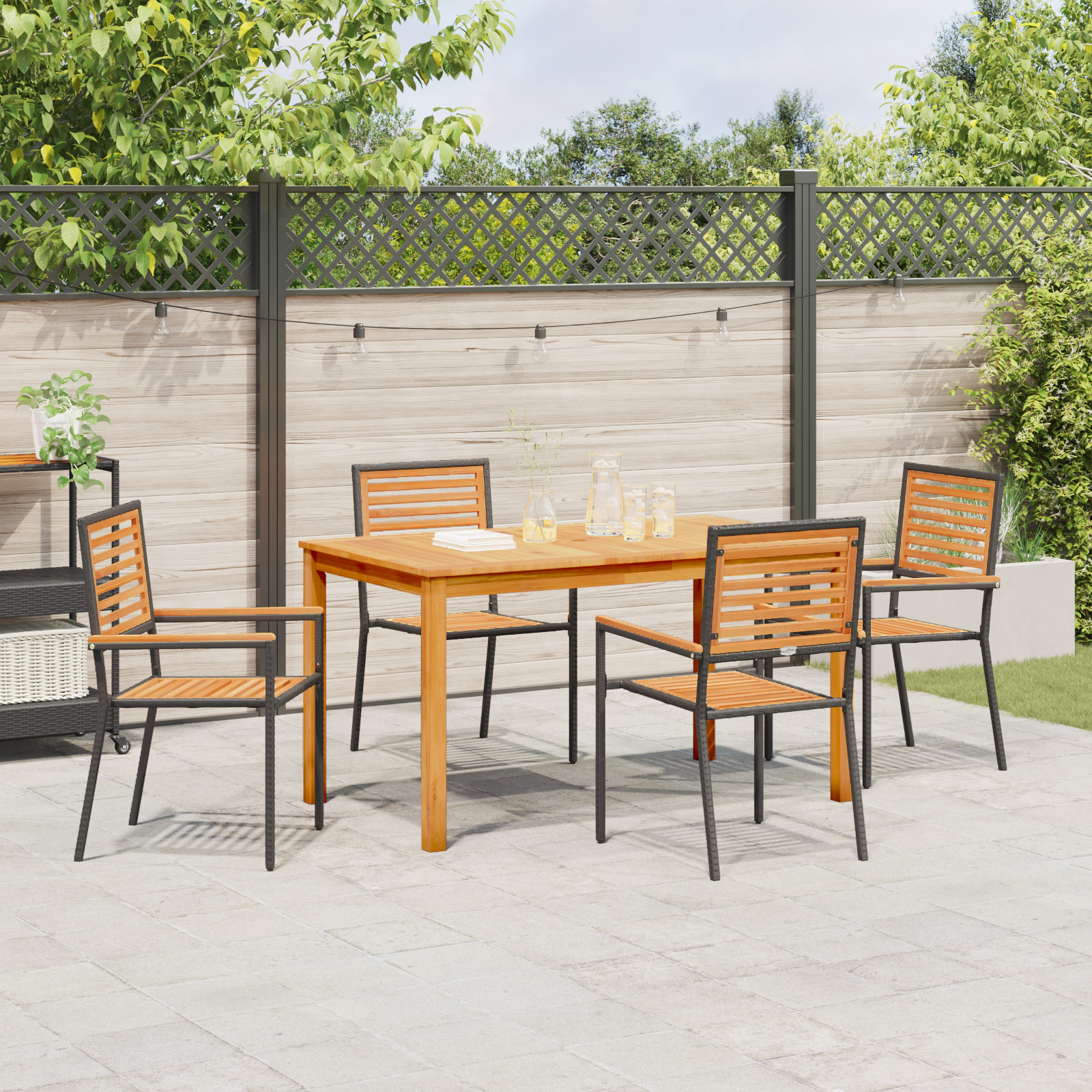 5 Часов Градински Комплект за Ядене Черен Поли Ратан Акация, vidaXL Подреждащи се градински столове с възглавници 2 бр Черен Поли Ратан - Image 4