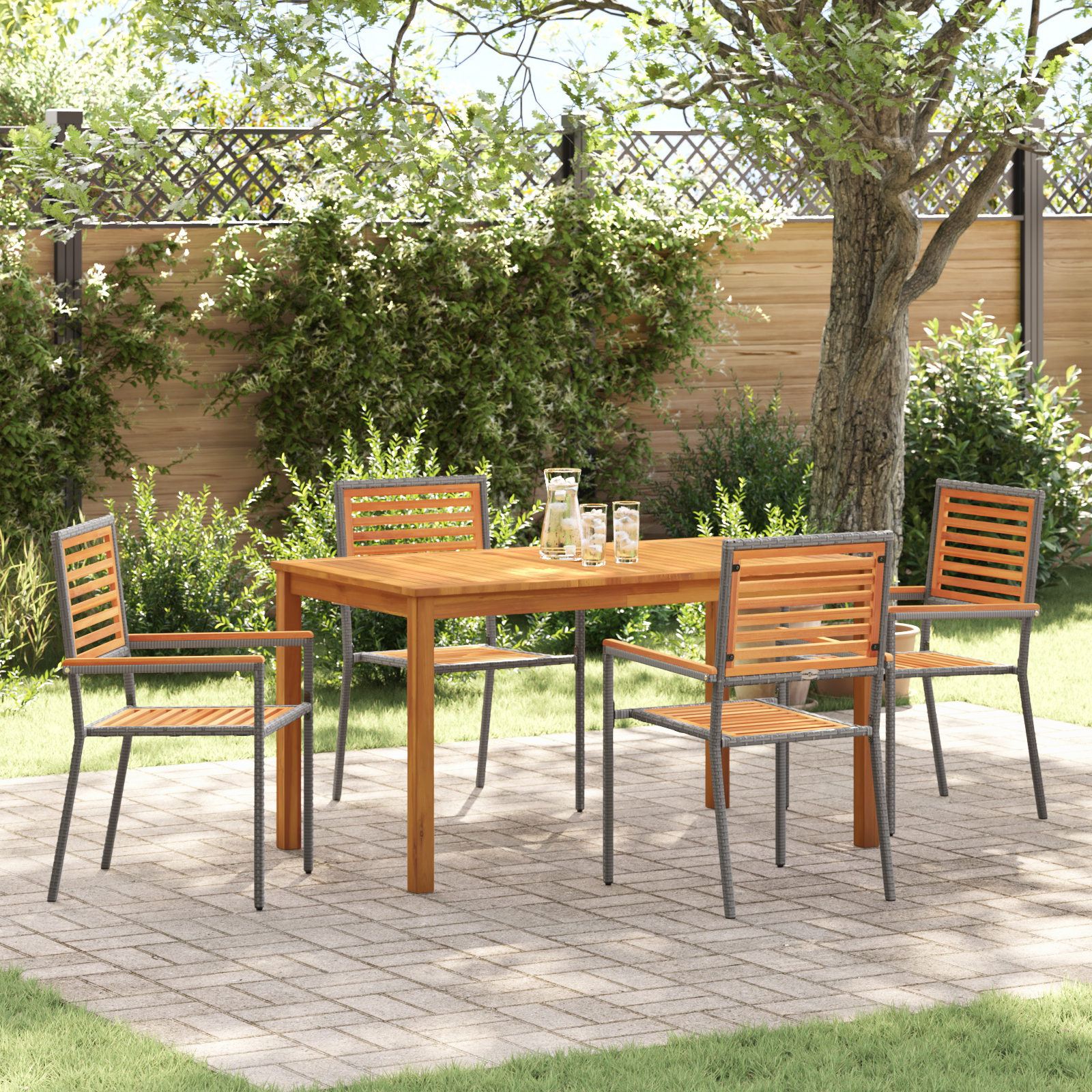 5 Piece Garden Dining Set Grey Poly Rattan Acacia