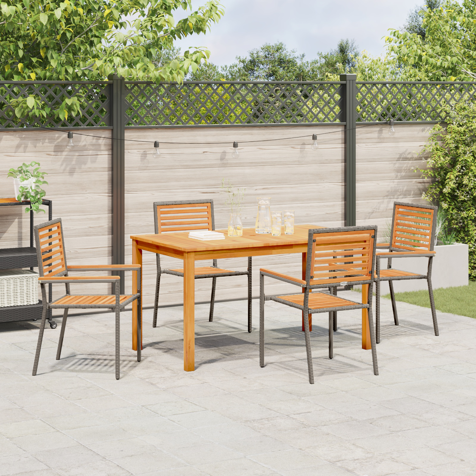 5 Piece Garden Dining Set Grey Poly Rattan Acacia - Image 4