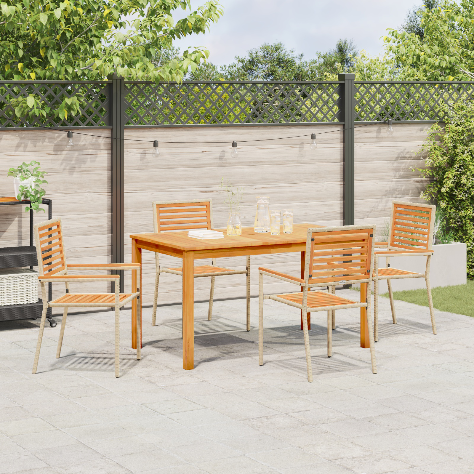5 Piece Garden Dining Set Beige Poly Rattan Acacia - Image 4