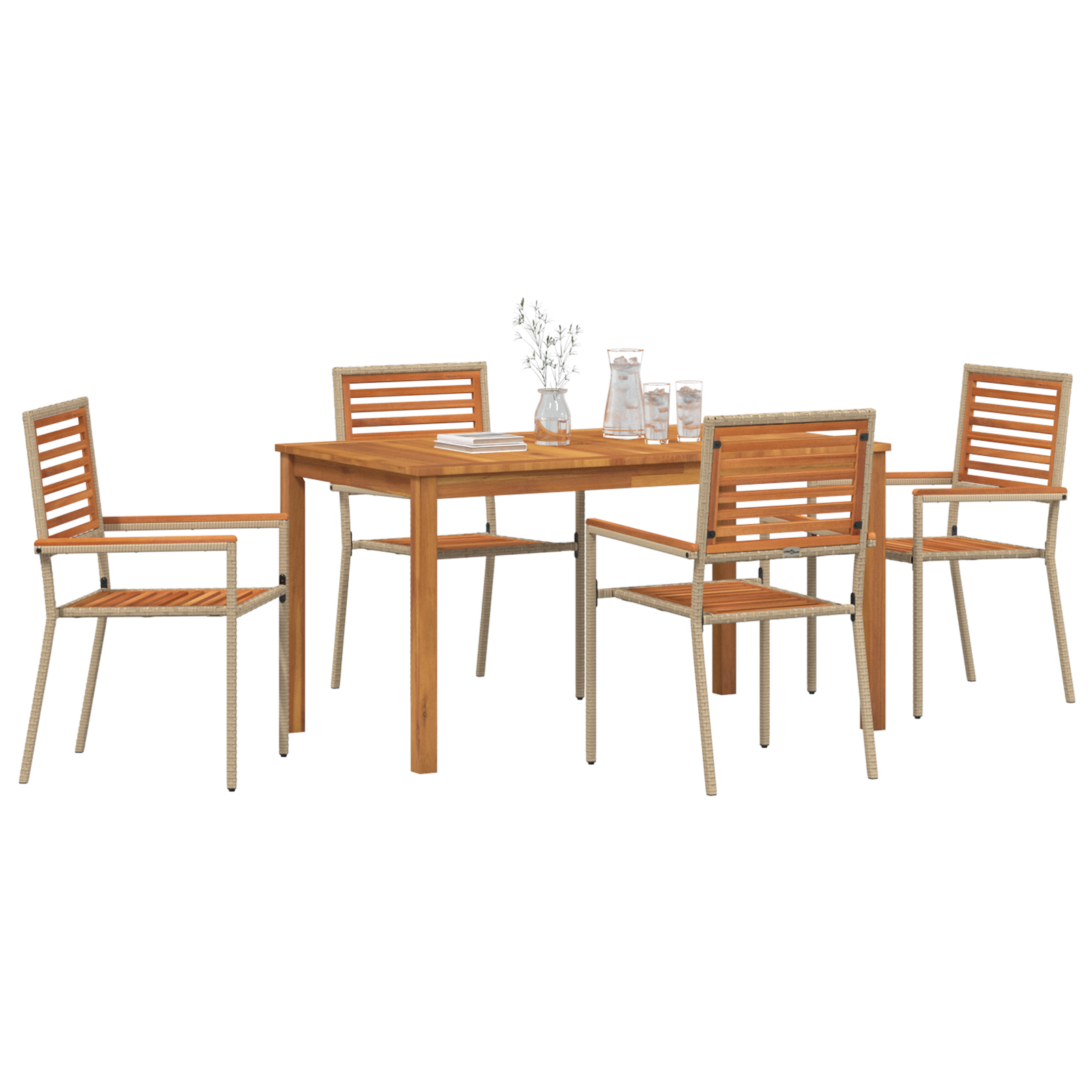 5 Piece Garden Dining Set Beige Poly Rattan Acacia - Image 3