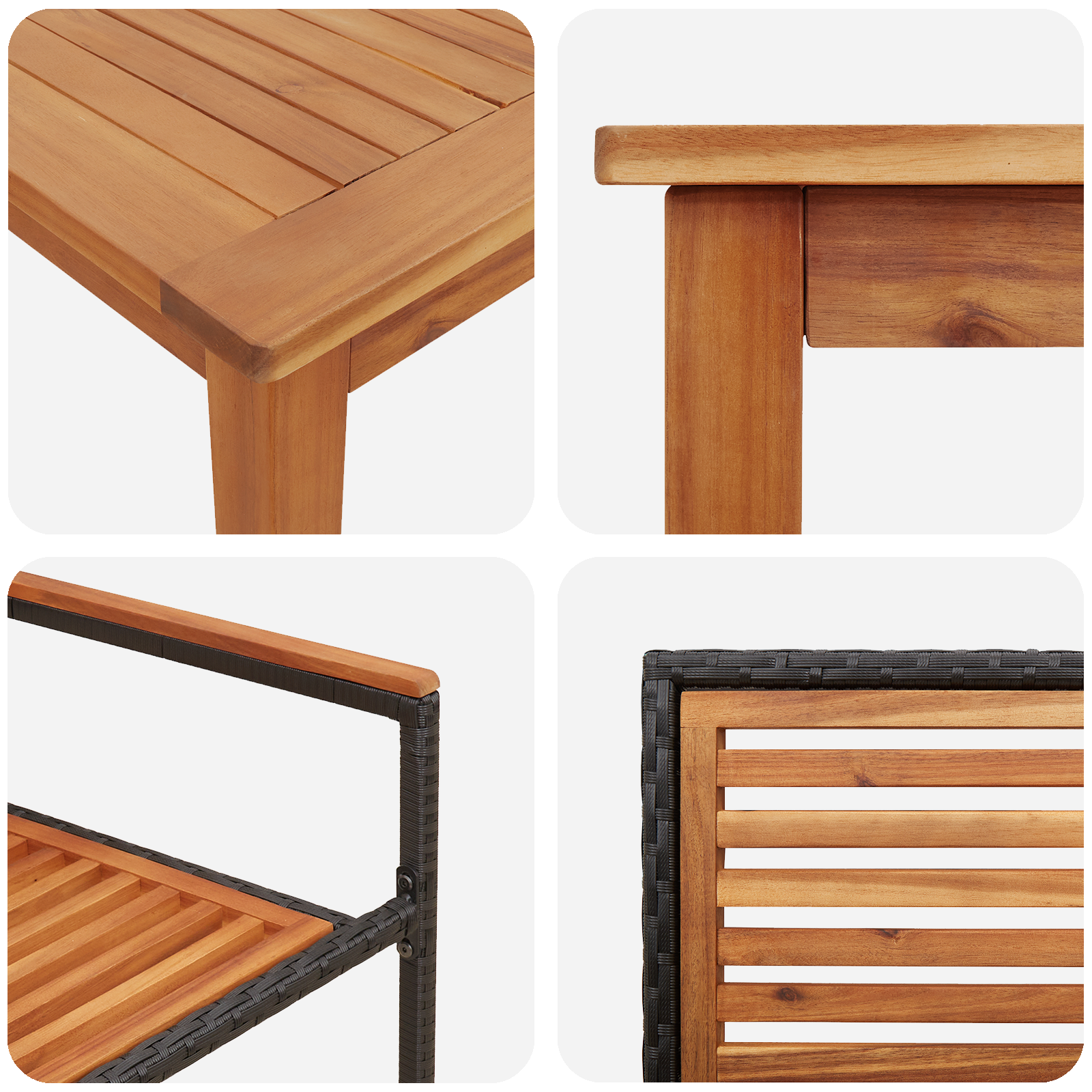 Комплект от 7 части градинска трапеза vidaXL Черен Полирано ратан Акация, Столове за градина vidaXL с възглавници 2 броя Черен Полирано ратан - Image 9