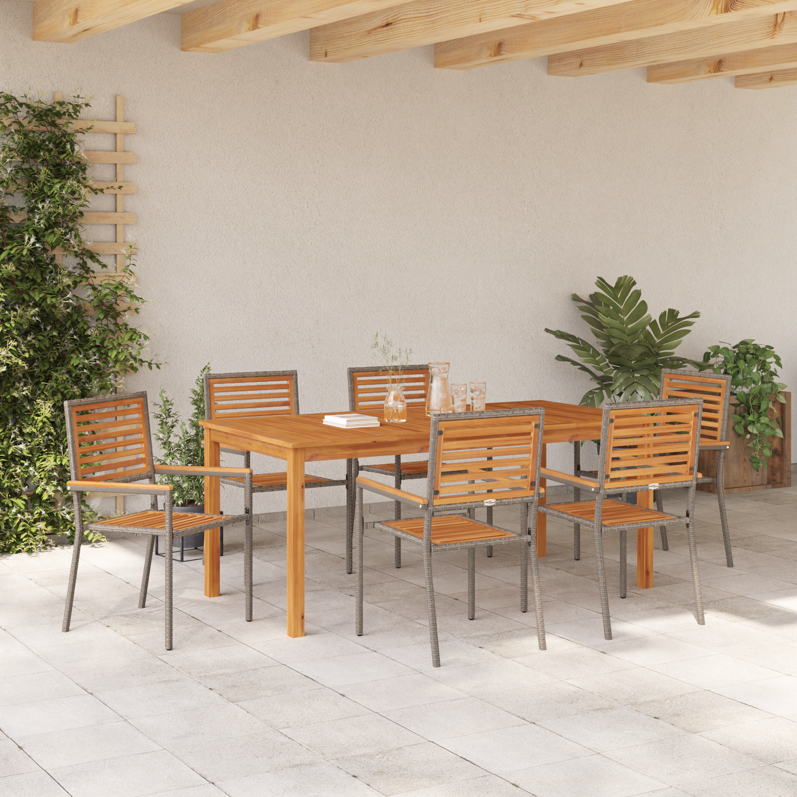 7 Piece Garden Dining Set Grey Poly Rattan Acacia - Image 4