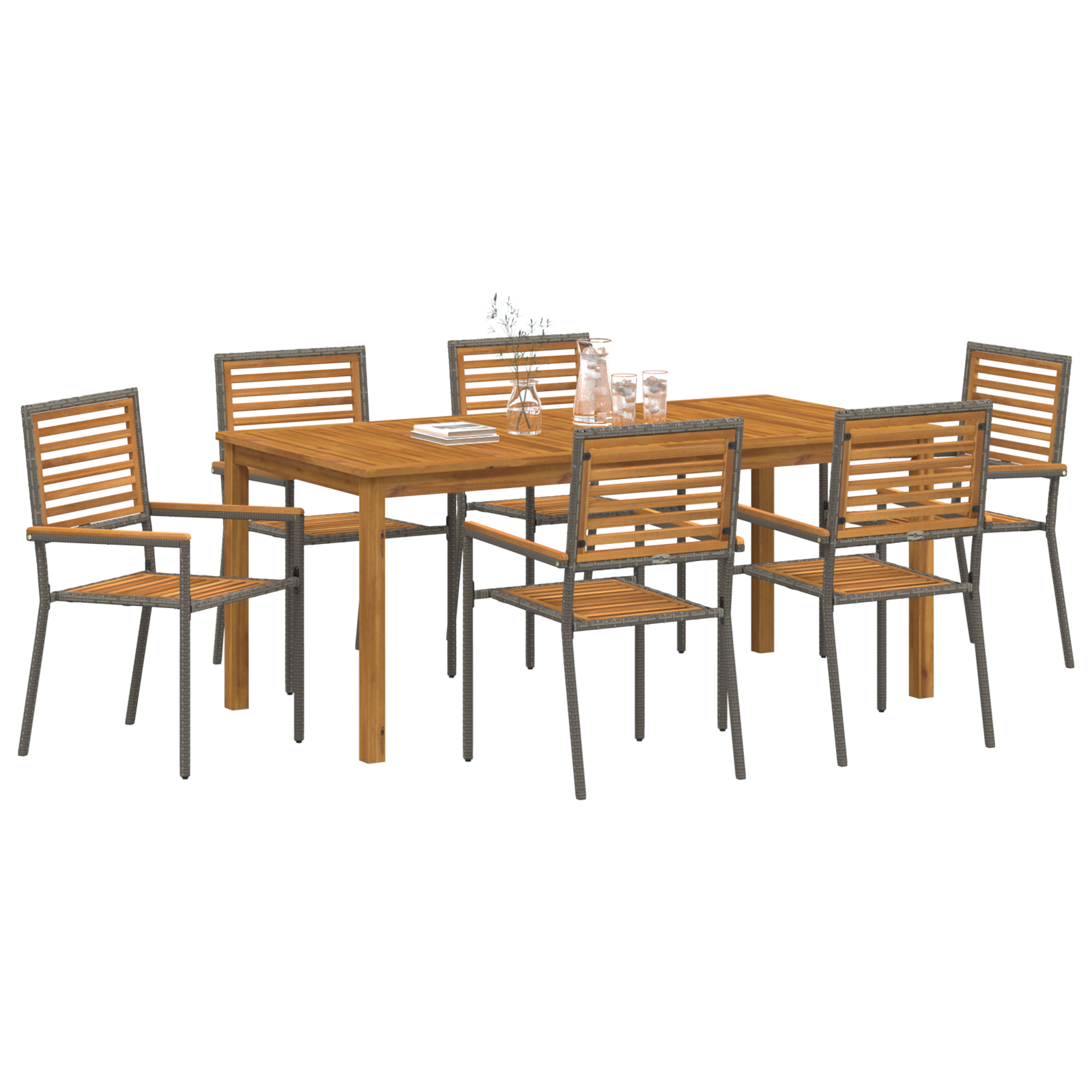 7 Piece Garden Dining Set Grey Poly Rattan Acacia - Image 3