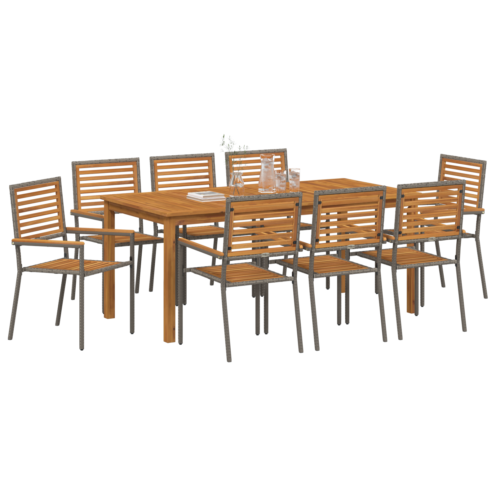 9 Piece Garden Dining Set Grey Poly Rattan Acacia - Image 3