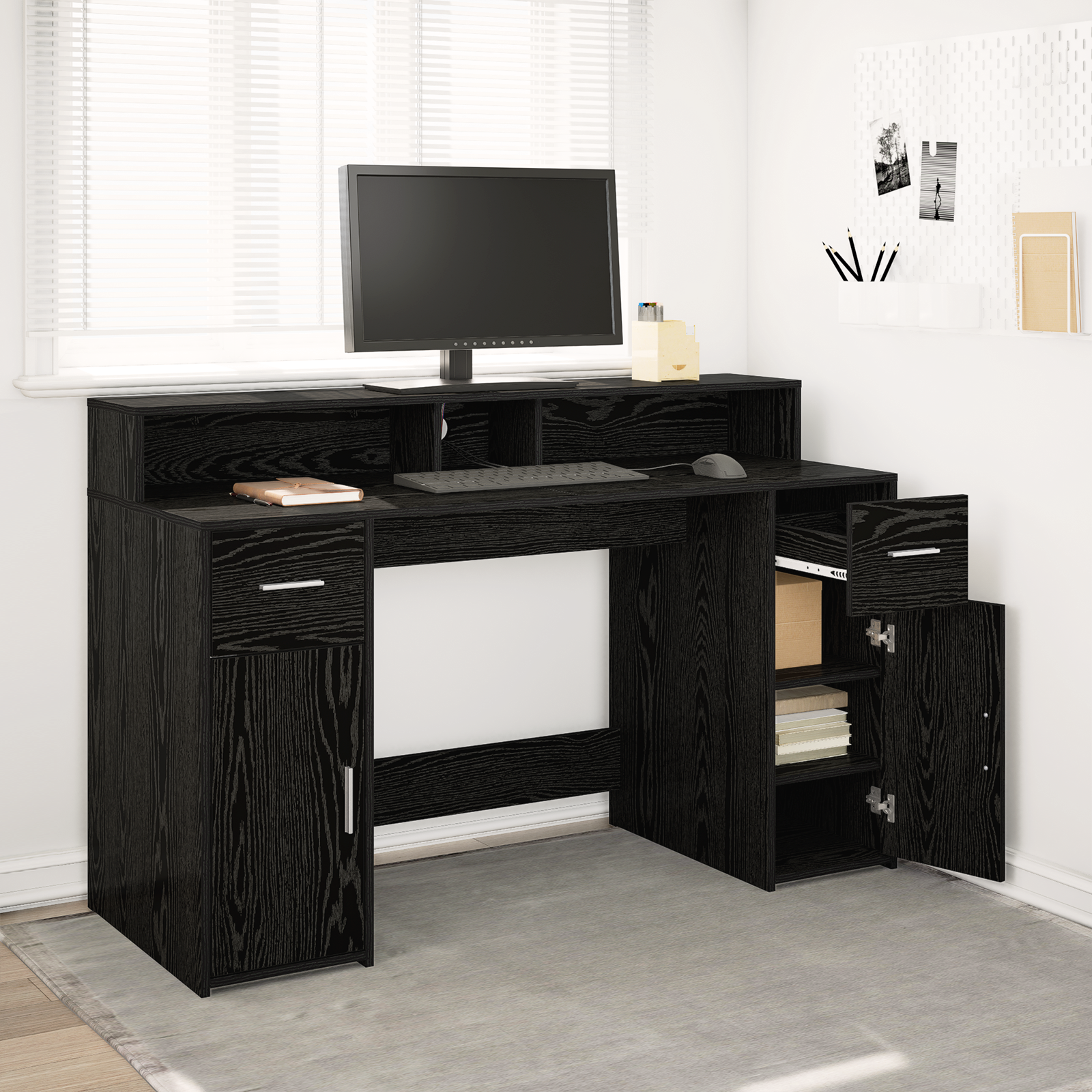 Desk Black Oak 140x55x91 cm Engineered Wood