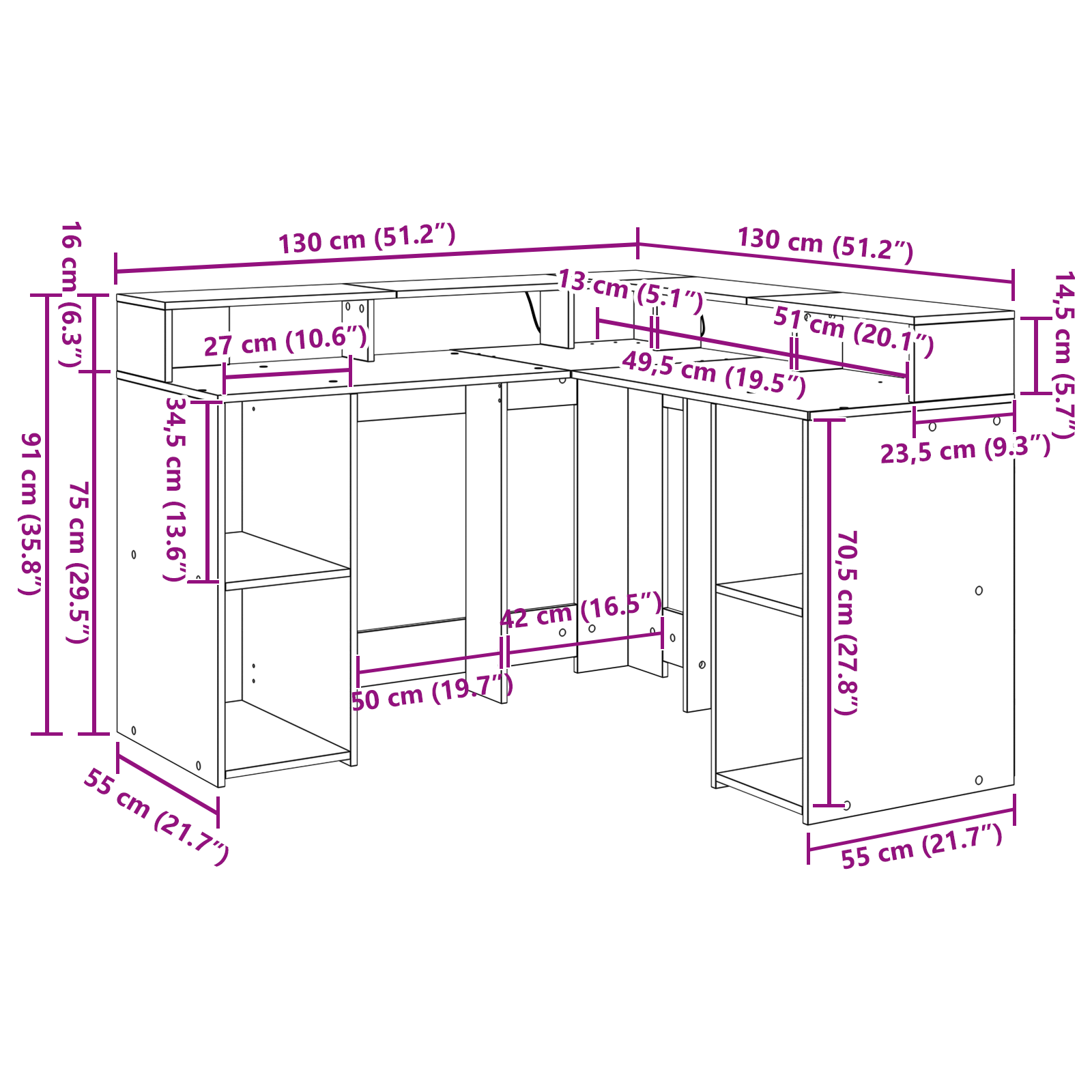 Desk Black Oak 130x130x91 cm Engineered Wood - Image 10
