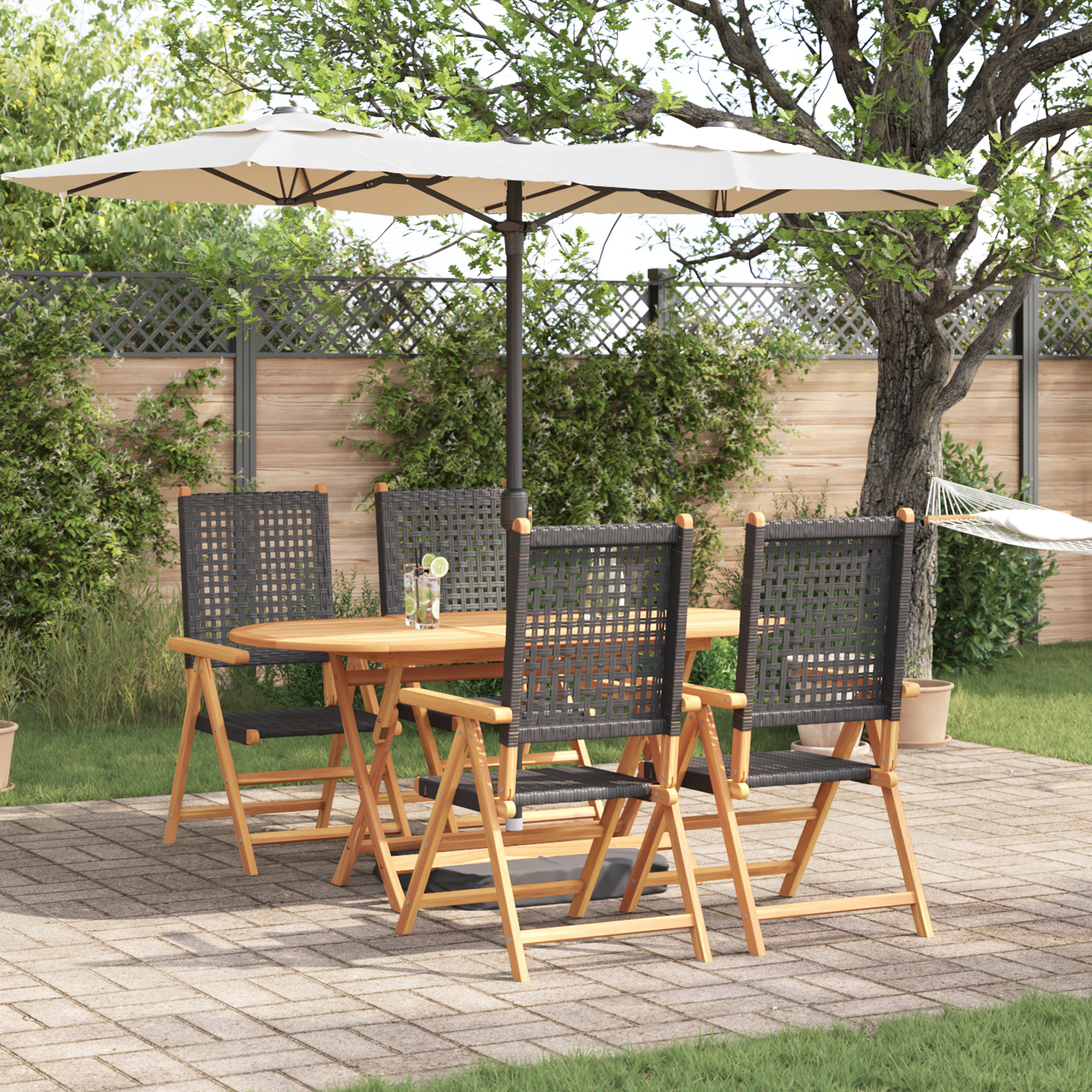 5-delige Tuinset massief acaciahout en poly rattan zwart