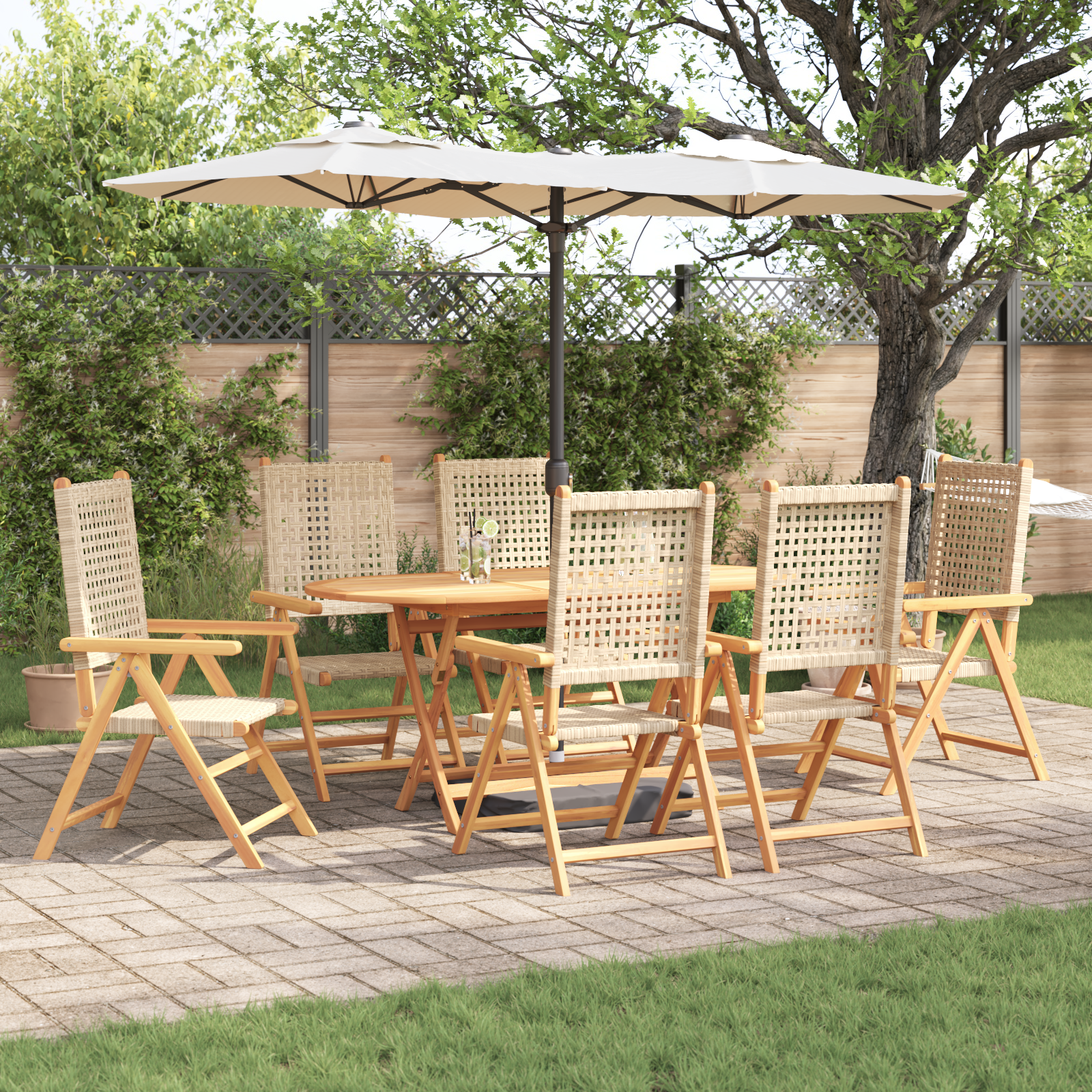 7-delige Tuinset massief acaciahout en poly rattan beige