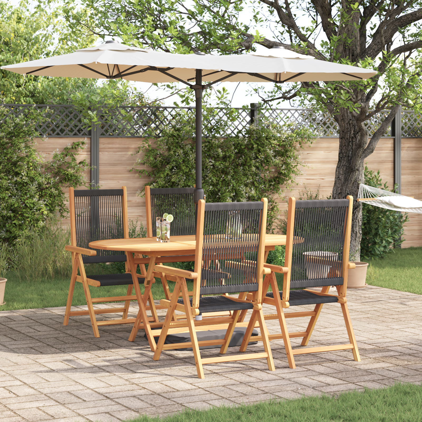 5-delige Tuinset massief acaciahout en poly rattan zwart