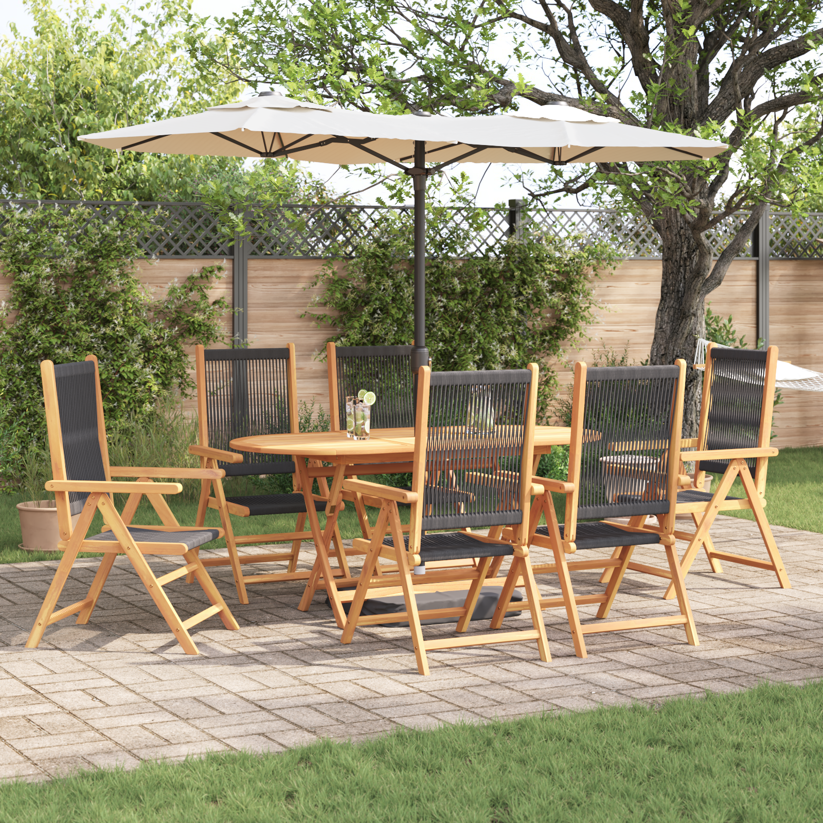 7-delige Tuinset massief acaciahout en poly rattan zwart