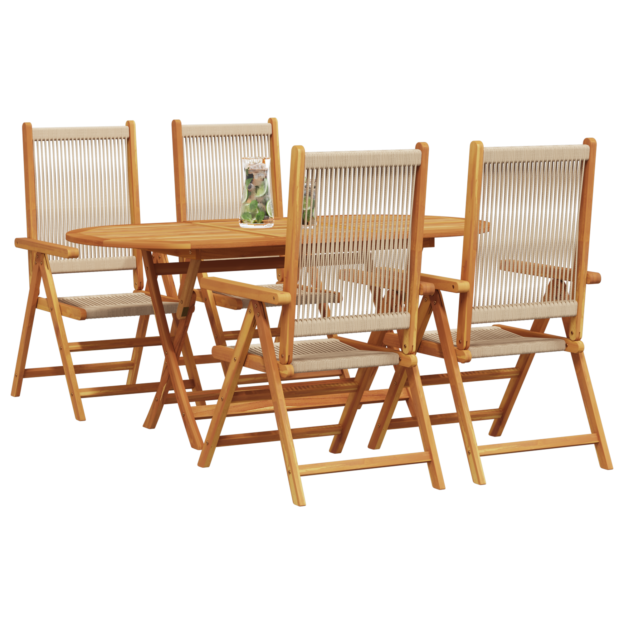 5 части градински комплект за хранене в бежово от солидно акациево дърво и полиратан - Image 3