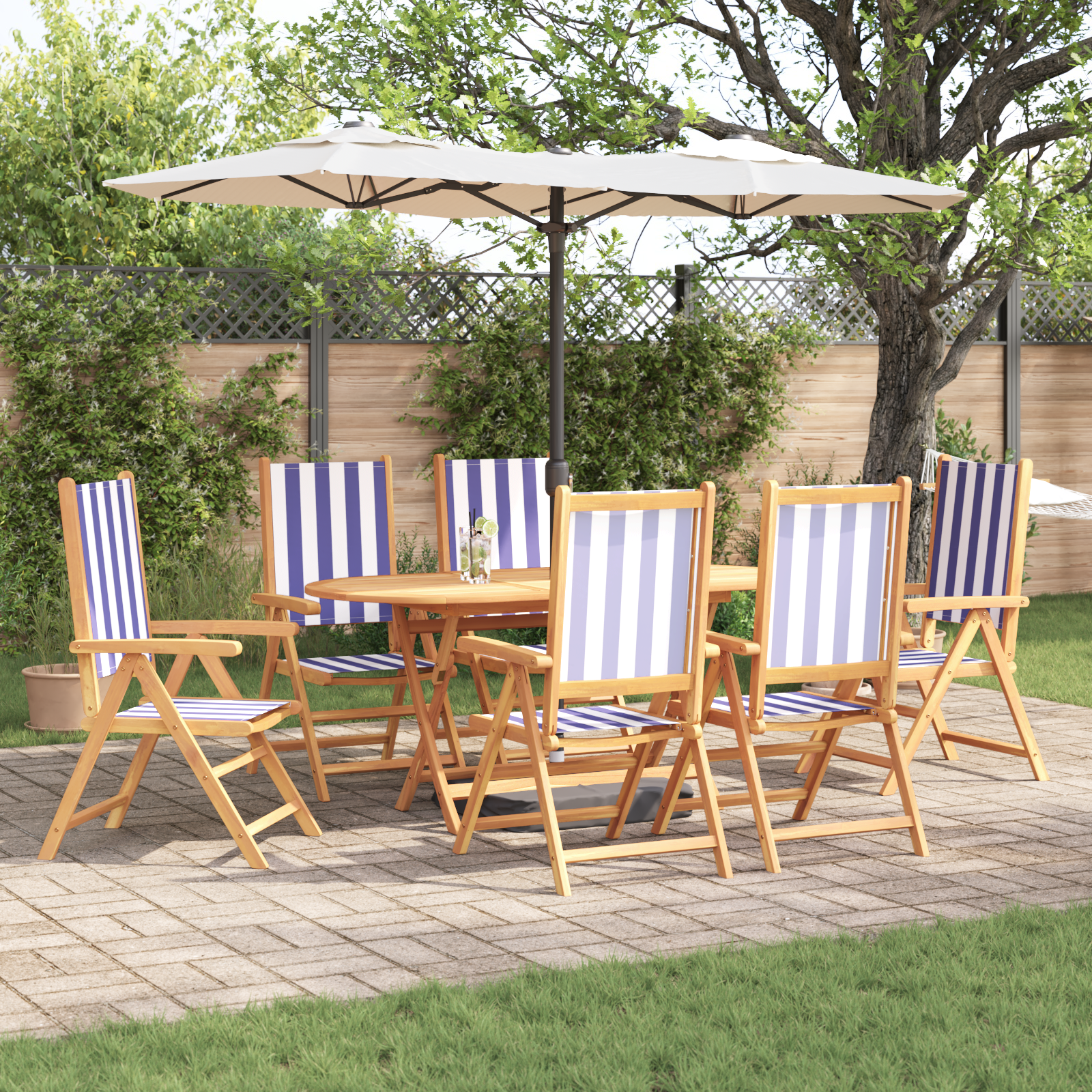 7-частен градински комплект за хранене от синя и бяла акациева дървесина