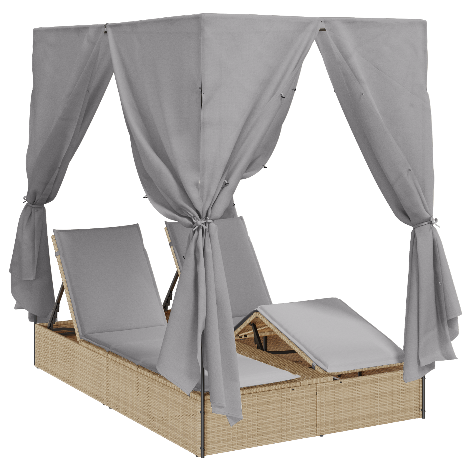 Doppel Sonnenliege mit Dach und Vorhängen Hellgrau Poly Rattan - gartenmoebel-betten - Your Garden Eden