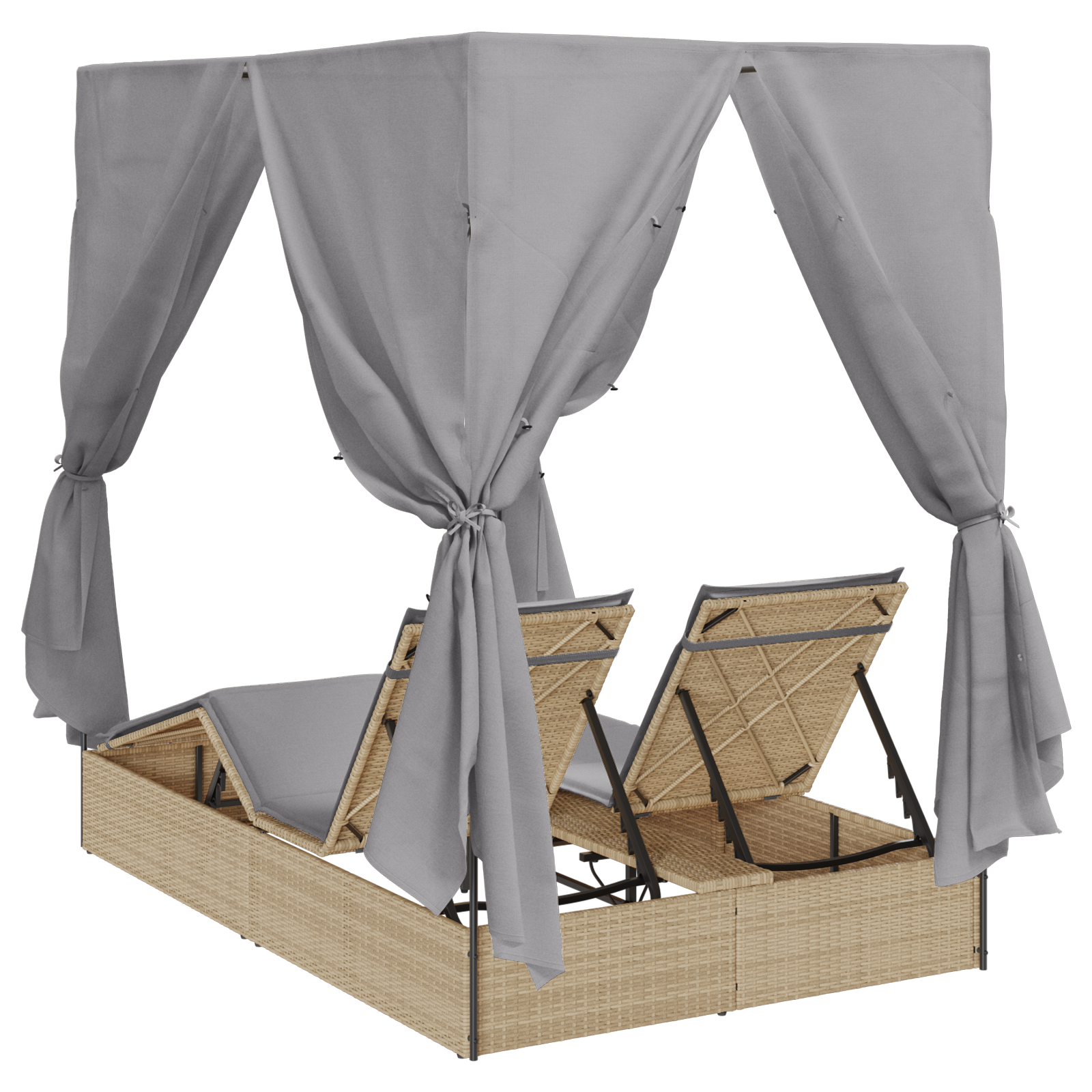 Doppel Sonnenliege mit Dach und Vorhängen Hellgrau Poly Rattan - gartenmoebel-betten - Your Garden Eden
