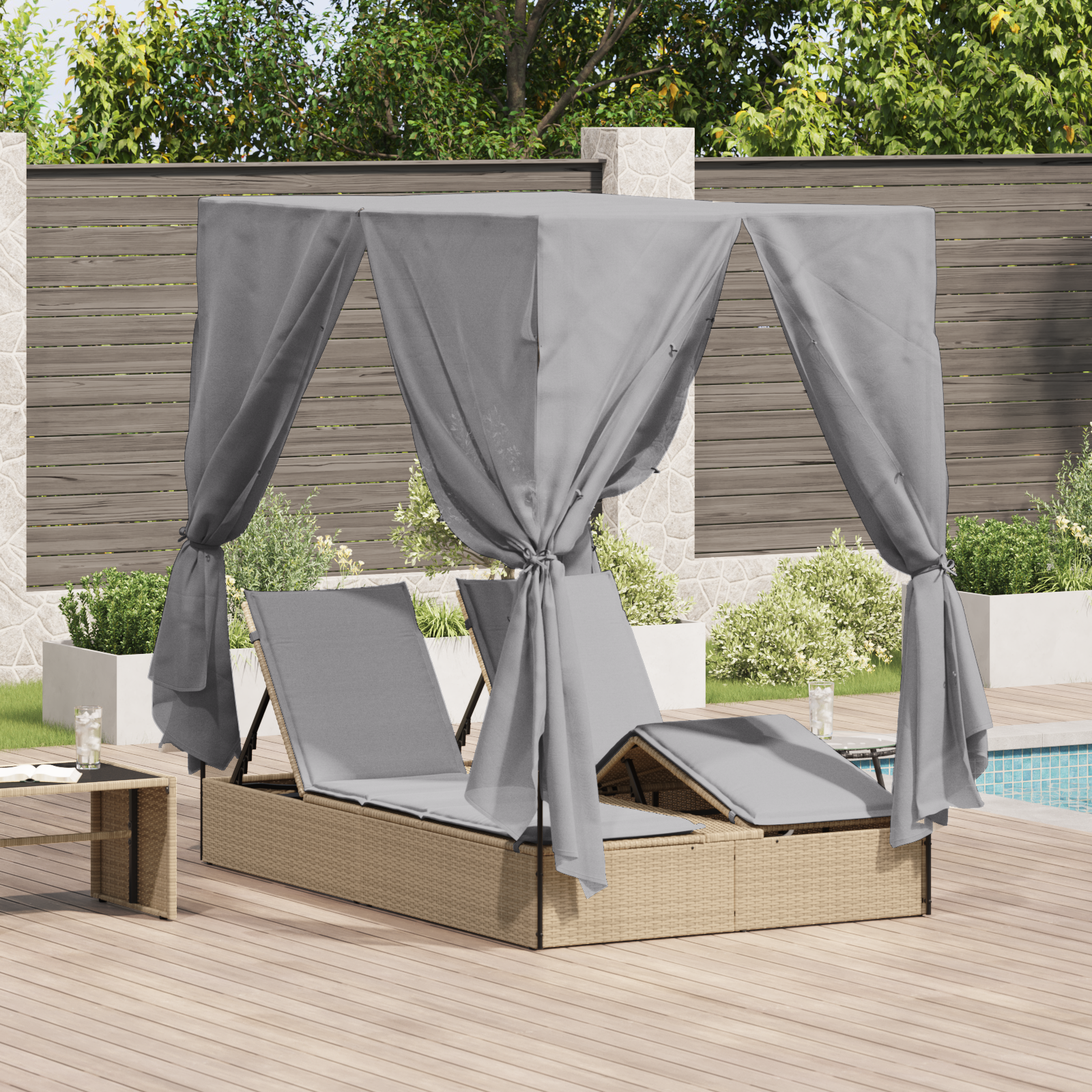 Doppel Sonnenliege mit Dach und Vorhängen Hellgrau Poly Rattan - Your Garden Eden