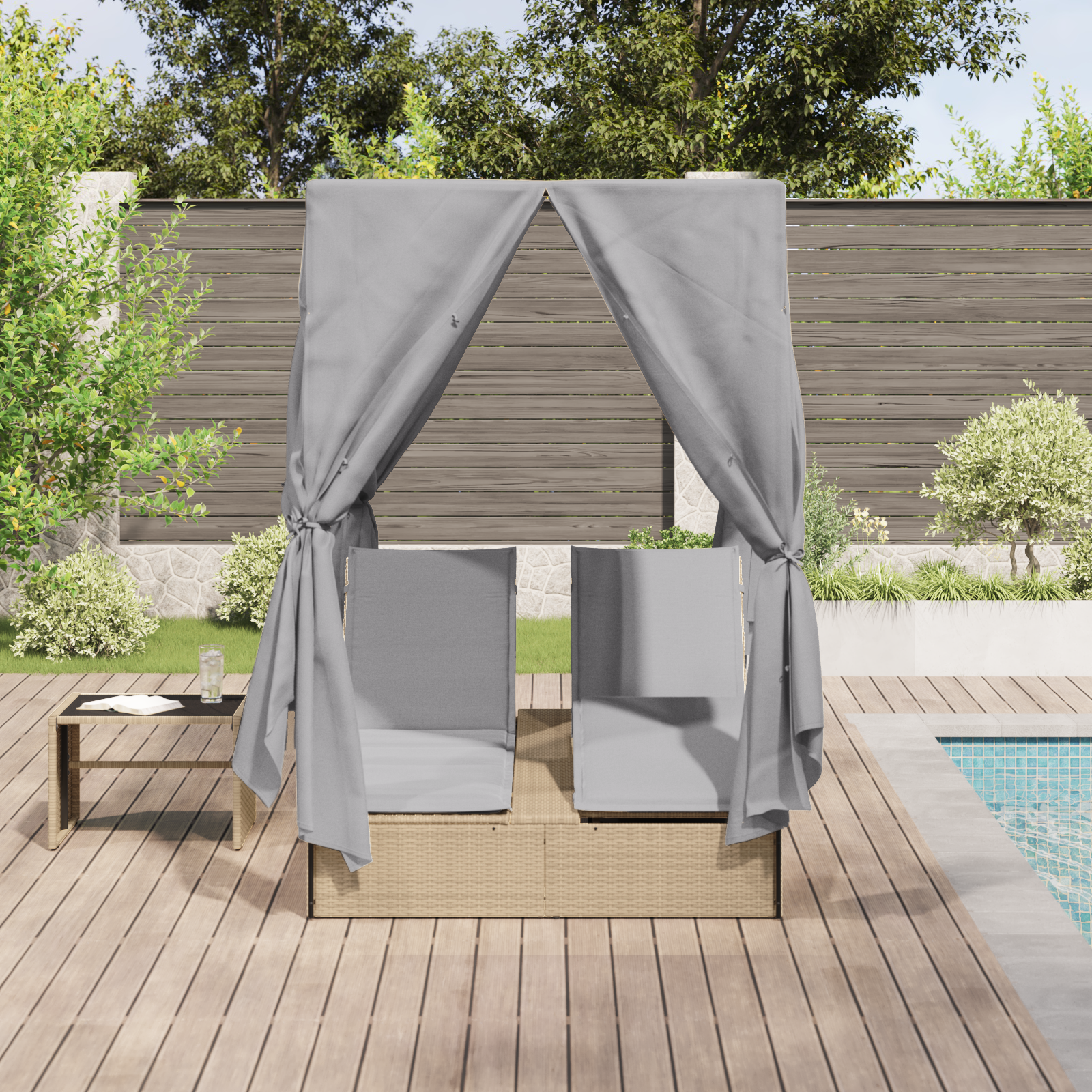 Doppel Sonnenliege mit Dach und Vorhängen Hellgrau Poly Rattan - gartenmoebel-betten - Your Garden Eden