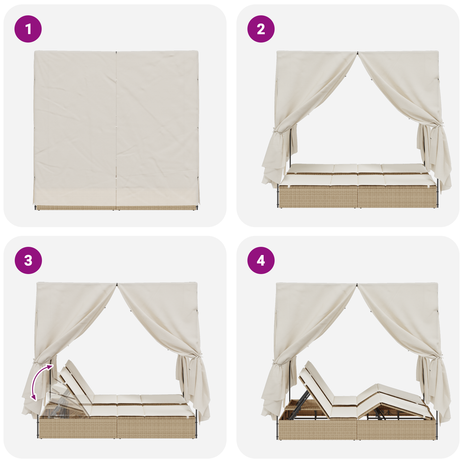 Двоен шезлонг с покрив и завеси - Бежов, Полиестер - Image 10