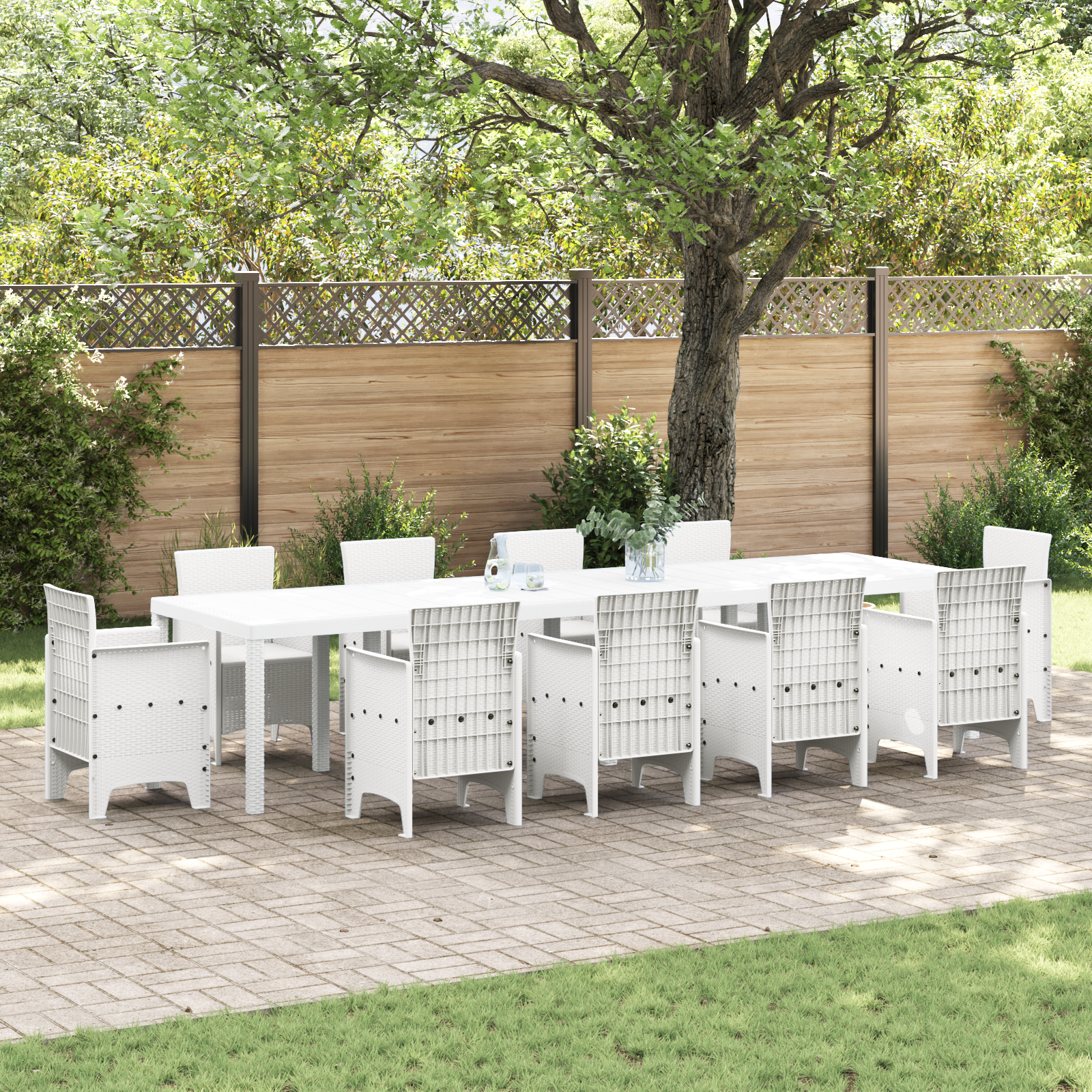 Sodo stalas baltas 350x100x73 cm Poly Rattan