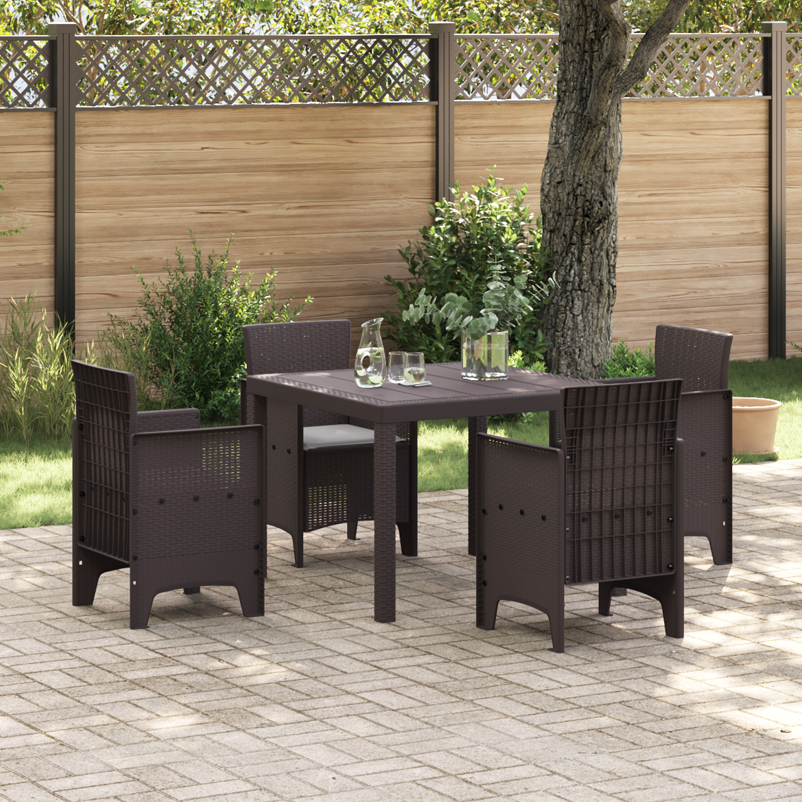 5 Piece Garden Dining Set with Cushions Brown Poly Rattan
