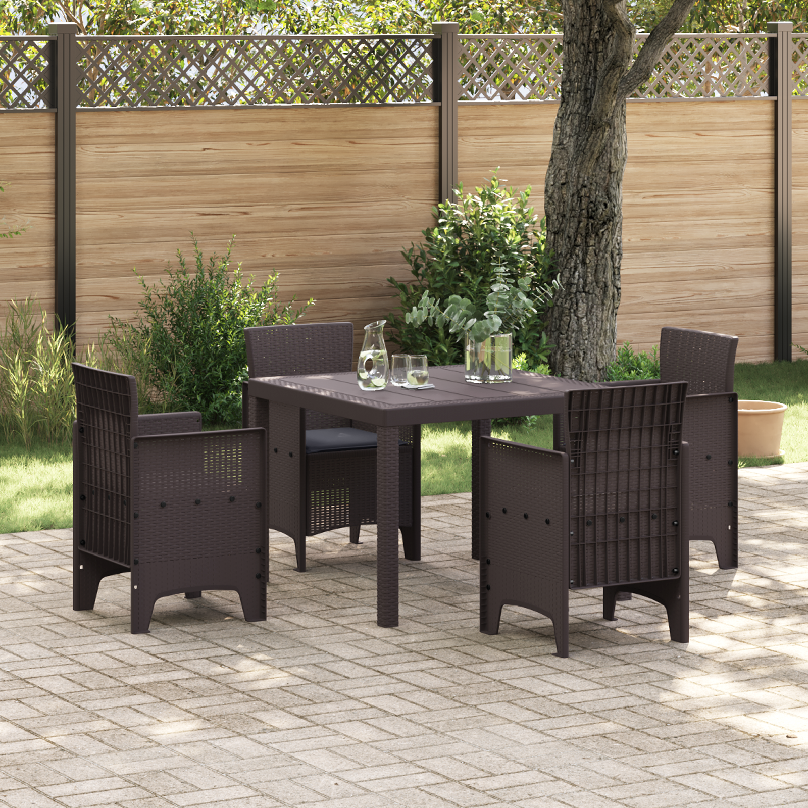 5 Piece Garden Dining Set with Cushions Brown Poly Rattan