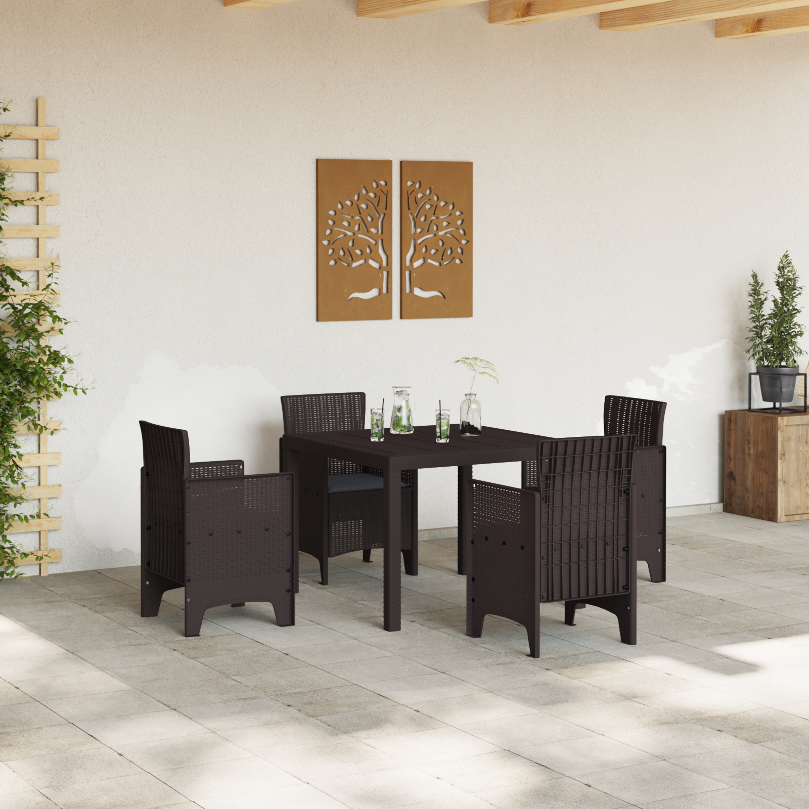 5 Piece Garden Dining Set with Cushions Brown Poly Rattan - Image 3