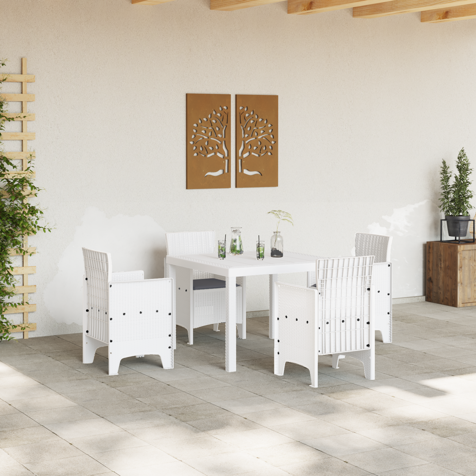 5 Piece Garden Dining Set with Cushions White Poly Rattan - Image 3
