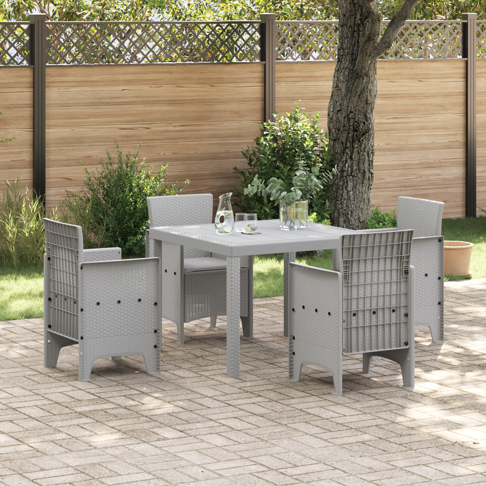 5 Piece Garden Dining Set with Cushions Light Grey Poly Rattan
