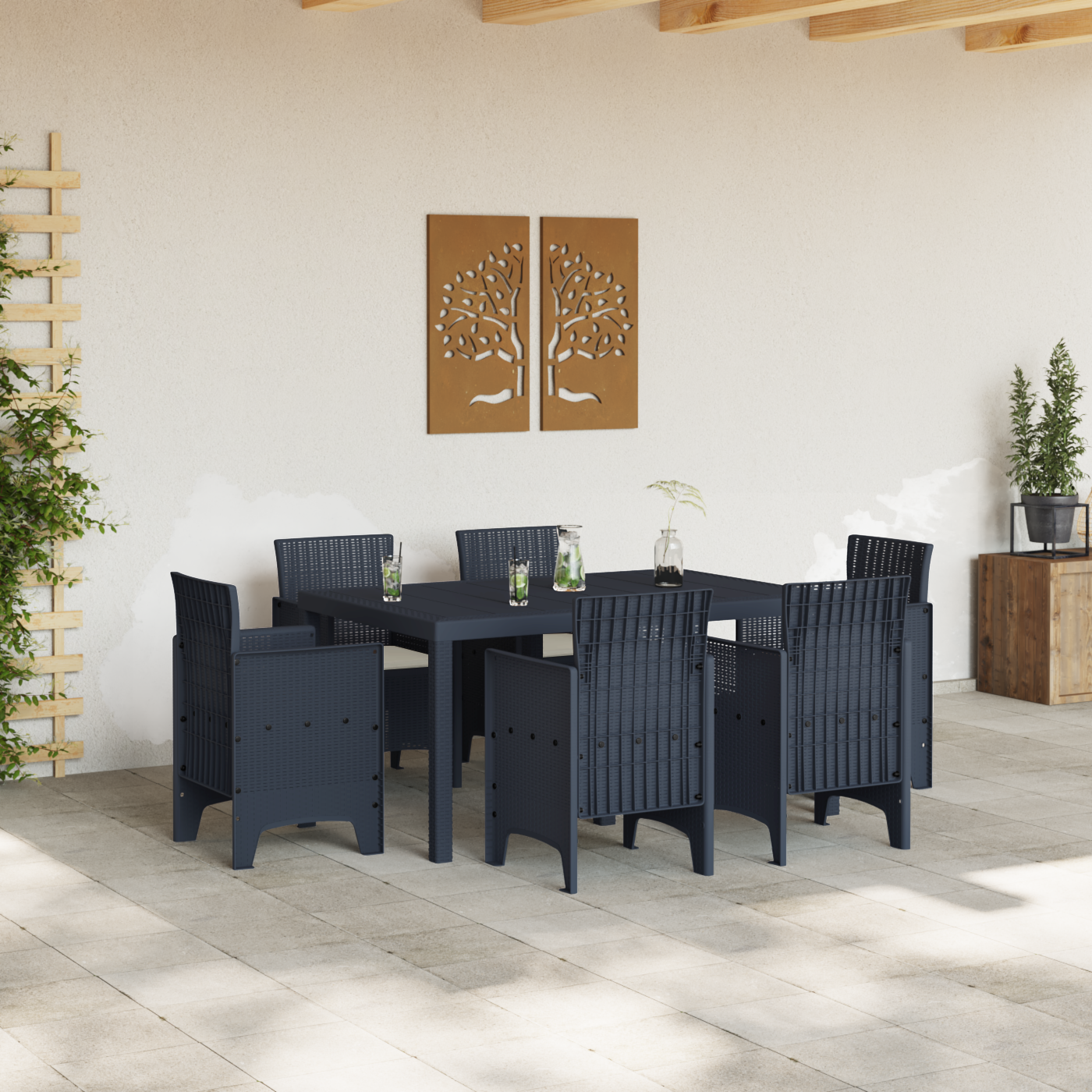 7 Piece Garden Dining Set with Cushions Anthracite Poly Rattan - Image 3